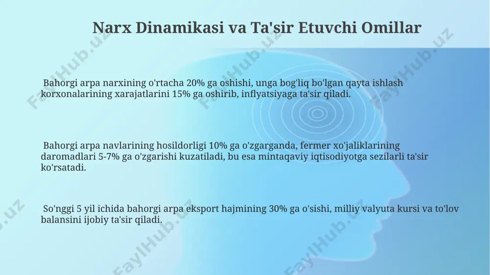 diy barqarorlikni baholashda muhim ko'rsatkich hisoblanadi. davlat siyosati va qo'llab-quvvatlash choralar арпа экспорт қилишдан тушган валюта тушуми 2022 йилга нисбатан 2023 йилда 10% га ошди, бу давлатнинг экспорт сиёсати самарадорлигини кўрсатади. 2023-йилда баҳорги арпа етиштиришга давлат томонидан 15% субсидия ажратилди, бу экин майдонларининг 20% га кенгайишига олиб келди. фермерларга арпа етиштириш бўйича берилган кредитлар миқдори 2022 йилга нисбатан 2023 йилда 1,5 баробарга ошди, бу эса ишлаб чиқаришнинг кўпайишини кўрсатади. fermerlarning daromadlari va xarajatlari bahorgi arpa yetishtirish xarajatlari (urug'lik, o'g'it, sug'orish) hosildorlikka va bozor narxlariga bog'liq bo'lib, o'rtacha 1 gektar uchun 5-7 million so'mni tashkil etadi. bahorgi arpa sotuvidan olingan daromad dehqonlarning kredit qarzdorligini to'lash, texnika yangilash va kelgusi mavsum uchun sarmoya kiritish imkoniyatini beradi, bu esa 15-20% foyda keltirishi mumkin. bahorgi arpa hosilining yuqori narxi dehqonlarning yalpi daromadini 20-30% ga oshirishi mumkin, bu esa o'z navbatida fermer xo'jaliklarining iqtisodiy barqarorligini ta'minlaydi. e'tiboringiz uchun rahmat @taqdimot_robot image1.png