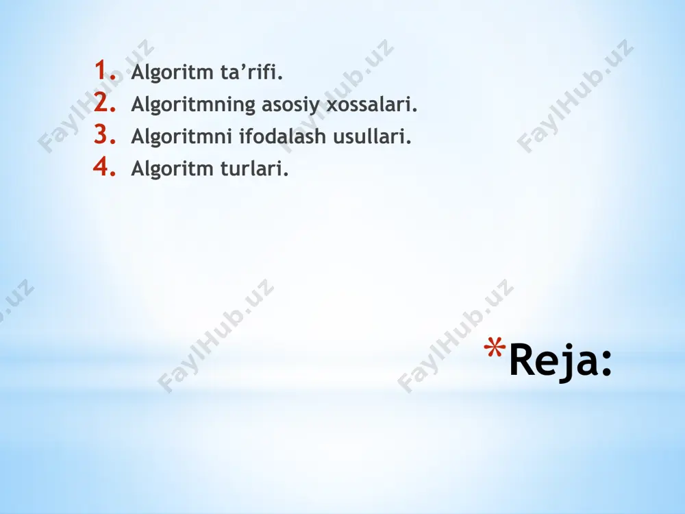 ni ifodalash usullari. algoritmni ishlab chiqishda uni bir necha xil usul bilan ifodalash mumkin: algoritmni so‘z bilan ifodalash; algoritmni maxsus (algoritmik) tilda yozish. algoritmni blok-sxema yordamida ifodalash. algoritm turlari. algoritmning asosiy tur­lariga chiziqli, tarmoqlanuvchi va takrorlanuvchi algoritmlar kiradi. algoritmda amallar tabiiy ravishda ketma-ket to`g`ri chiziq bo`ylab bajarilsa, bunday algoritm chiziqli algoritm deyiladi. quyidagi misolni hisoblash algoritmini tuzamiz: bu yerda а=1.2, b=3.2, х=4. boshib a,b,x z,p oxiri algoritm biror mantiqiy ifodaning qiymati bo`yicha tarmoqlarga ajralsa, bunday algoritm tarmoqlanuvchi algoritm deyiladi. bunday algoritmlarda mantiqiy ifoda xisoblanib, tarmoqlarga ajralishi quyidagi ko`rinishda yoziladi: quyidagi misolga yechish uchun blok-sxema tuzamiz. bu erda a=4; x=5. ha boshib x,a x>2 x - - + + = + 1 2 1 2 2 log sin ) 1 cos( 2 sin 3 2 1 2 3 x x x x x e x x a z x x 5 ) 1 ( sin 2 3 2 + + = …