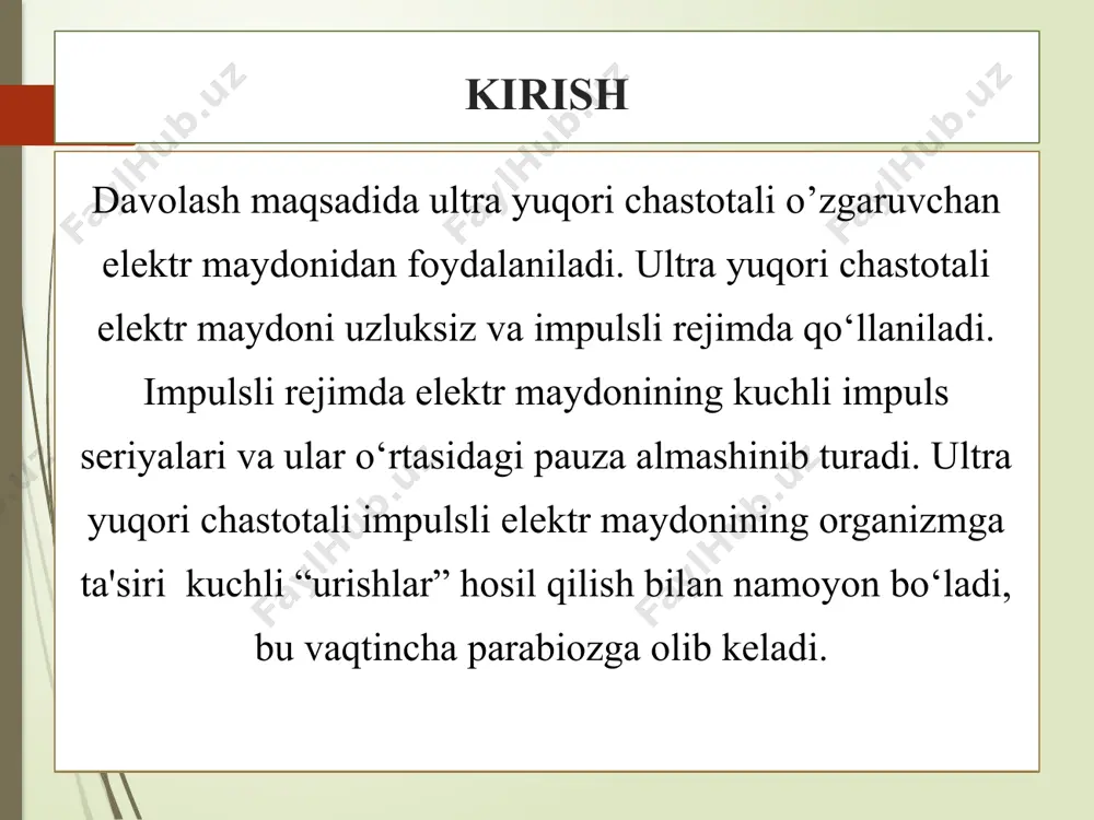 o‘ra to‘qimalar har xil zararli ta'sirlarga yaxshiroq bardosh beradi, tomirlarning o’tkazuvchanligi kuchayadi, bu ekssudatlarning tezroq so‘rilib ketishiga va to‘qimalardagi shishning qaytishiga yordam beradi, fagotsitlarning qondan to‘qimalarga chiqishi osonlashadi. uyuch elektr maydonining fiziologik ta'siri uning dozasiga bog‘liqdir: uyuch elektr maydoni ta'siriga bosh miya bilan orqa miyadagi vegetativ markazlarning hujayralari, shuningdek vegetativ tugunlarining hujayralari sezgirdir. bu maydon ta'siri ostida organizmda moddalar almashinuvi kuchayadi va faollashadi, immunologik jarayonlar kuchayadi, u yallig‘lanishga qarshi, og‘riq qoldituvchi, antispazmatik ta'sir ko‘rsatadi. yallig‘lnish o‘chog‘ida kalsiy ionlari sonini oshiradi, u yerdan zaharli maxsulotlarining so‘rilishini sekinlashtiradi, bakteriyalarning hayot faoliyatini pasaytiradi. muolaja o‘tkazish uchun partotiv “uyuch-4”, “uyuch-30”, “uyuch-62”, “uyuch-66” va statsionar “ekran-1”, “ekran-2”, “uyuch-300”, “impuls-2”, “impuls-3”, “uyuch-54” apparatlaridan foydalanib, elektr maydon kondensator plastinalar yordamida havo bo‘shlig‘i orqali uzatiladi. uyuch-terapiya tavsiya etilganda quyidagi holatlarni esda tutish zarur: 1.kondensator plastinalar yaqinlashganda maydon zichligi oshadi, ular orasidagi masofa uzoqlashganda maydon zichligi kamayadi va tarqalishi ortadi. 2.agar maydonga yod metall buyumlar tushsa, u o‘ziga elektr …