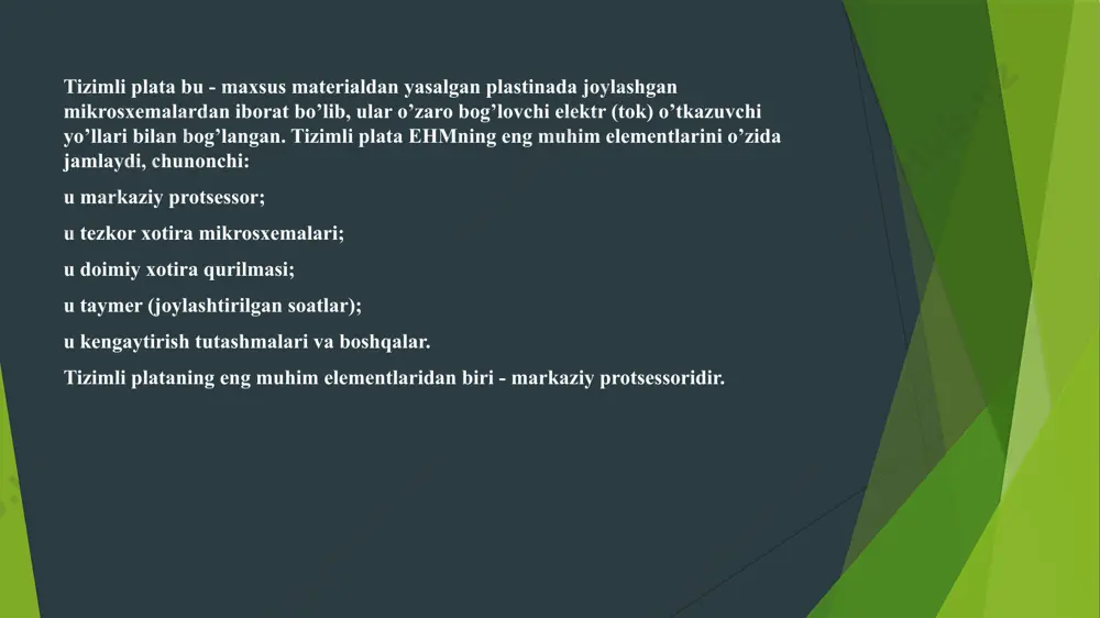malar ulanadi. odatda kengaytirish raz’yomlarida qurilmani boshqaradigan alohida maxsus platalar qo’yiladi. bunday platalar nazoratchilar deb nomlanadi. masalan, monitor ishini boshqaradigan plata videonazoratchilar deb nomlanadi. kompyuterning barcha qurilmalari uchun boshqaruv signallar beruvchi vosita markaziy protsessor bo’lsa-da, nima uchun nazoratchilar mavjud degan, savol tug’iladi. buning mohiyati shuki, markaziy protsessor boshqaruv signallarini umumiy tartibda beradi, nazoratchi ularni qabul qilib, bevosita qatnashishi talab qilinmaydigan qator yumushlarni bajaradi. hayotiy bir misol timsolida masalan, bosh oshpaz o’z yordamchilariga palov damlashni buyuradi, buni markaziy protsessor boshqaruv signaliga qiyoslasak, oshpazlar esa sabzi, guruch, o’tinlarni tayyorlaydi, bu - nazoratchi bajaradigan ishlar deb tushunsa bo’ladi. tizimli platada yana boshqa ko’plab qurilmalar joylashgan, biroq, ular to’g’risida ma’lumot kompyuter ishini chuqur o’rganishni hohlagan foydalanuvchi uchun muhim bo’lishi mumkin tizimli blokda tizimli platadan tashqari diskyurituvchi va qattiq disk (vinchester) joylashgan.bu qurilmalar kampyuter dastur, matn, rasm va boshqa ko’rinishdagi ma’lumotlarni saqlash uchun mo’ljallangan. nima uchun yuqoridagi maqsadlar uchun tezkor xotira yoki doimiy xotira qurilmalaridan …