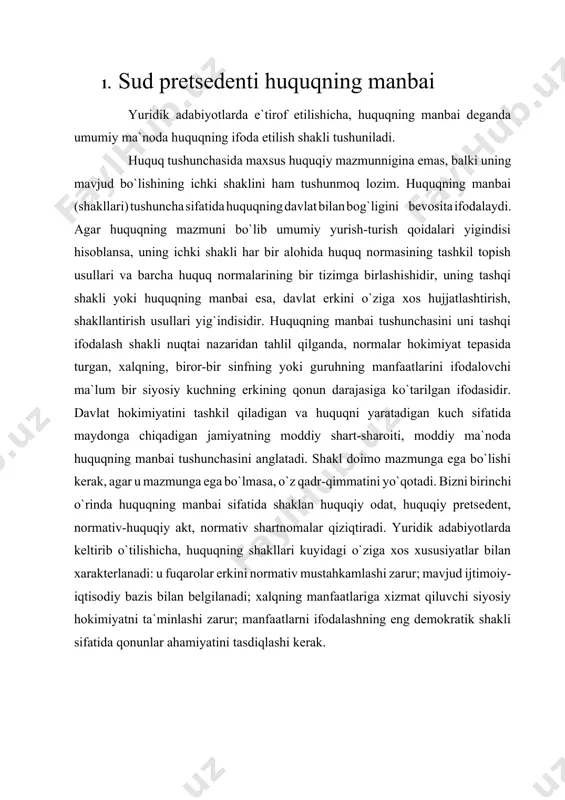 manbalari. o’zbekiston respublikasining konstitutsiyasi va boshqa qonunlariga asosan har bir vakolatli davlat organi qat’iy belgilangan huquqiy normativ hujjatlarni chiqarish huquqiga ega. o’zbekiston respublikasi konstitutsiyasining 76-moddasiga ko’ra, o’zbekiston respublikasining oliy majlisi oliy davlat vakillik organi bo’lib, qonun chiqaruvchi hokimiyatni amalga oshiradi. konstitutsiyaning 84-moddasiga ko’ra, o’zbekiston respublikasi oliy majlisi qonunlar qonunchilik palata tomonidan qabul qiladi, senat tomonidan ma’qullanadi. qonun respublika prezidenti tomonidan imzolangach, qonunda belgilangan tartibda rasmiy nashrlarda e’lon qilinadi va kuchga kiradi. bu esa qonun qo’llanilishining majburiy shartidir. qonunlar o’z ahamiyati va maqsadiga ko’ra quyidagi turlarga bo’linadi: · asosiy qonun - o’zbekiston respublikasi konstitutsiyasi; · konstitutsiyaviy qonunlar, ya’ni konstitutsiyaga o’zgartish va qo’shimchalar kiritish kuchiga ega bo’lgan qonunlar; · joriy qonunlar - hozirgi kunda amalda bo’lgan, hayotning eng muhim sohalarini tartibga soluvchi va o’z kuchiga ko’ra konstitutsiyadan keyingi o’rinda turadigan huquqiy hujjatlardir. · o’zbekiston respublikasi prezidentining farmoni, qaror va farmoyishlari o’zbekiston respublikasi konstitutsiyasining 94-moddasiga asosan, prezident tomonidan chiqariladigan umummajburiy kuchga ega bo’lgan …