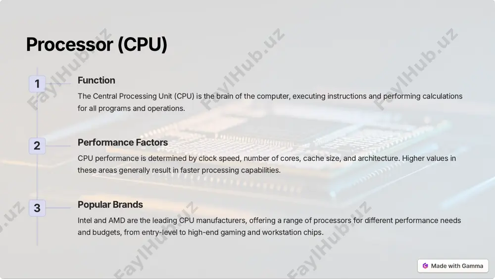 tasks like video editing, 3d rendering, and machine learning. the right gpu can significantly enhance productivity in these areas. https://gamma.app/?utm_source=made-with-gamma power supply 1 wattage choose a power supply with sufficient wattage to support all components, including future upgrades. a quality 650w to 850w psu is typically sufficient for most high-performance builds. 2 efficiency look for power supplies with 80 plus certification (bronze, silver, gold, platinum, or titanium) to ensure energy efficiency and reduce heat generation and electricity costs. 3 modularity modular power supplies allow for better cable management by letting you use only the cables you need, improving airflow and aesthetics inside the case. 4 protection features quality psus include protection against overvoltage, undervoltage, short circuits, and other electrical issues to safeguard your components from damage. https://gamma.app/?utm_source=made-with-gamma cooling system air cooling traditional method using heatsinks and fans to dissipate heat. cost- effective and low-maintenance, suitable for most builds. liquid cooling …