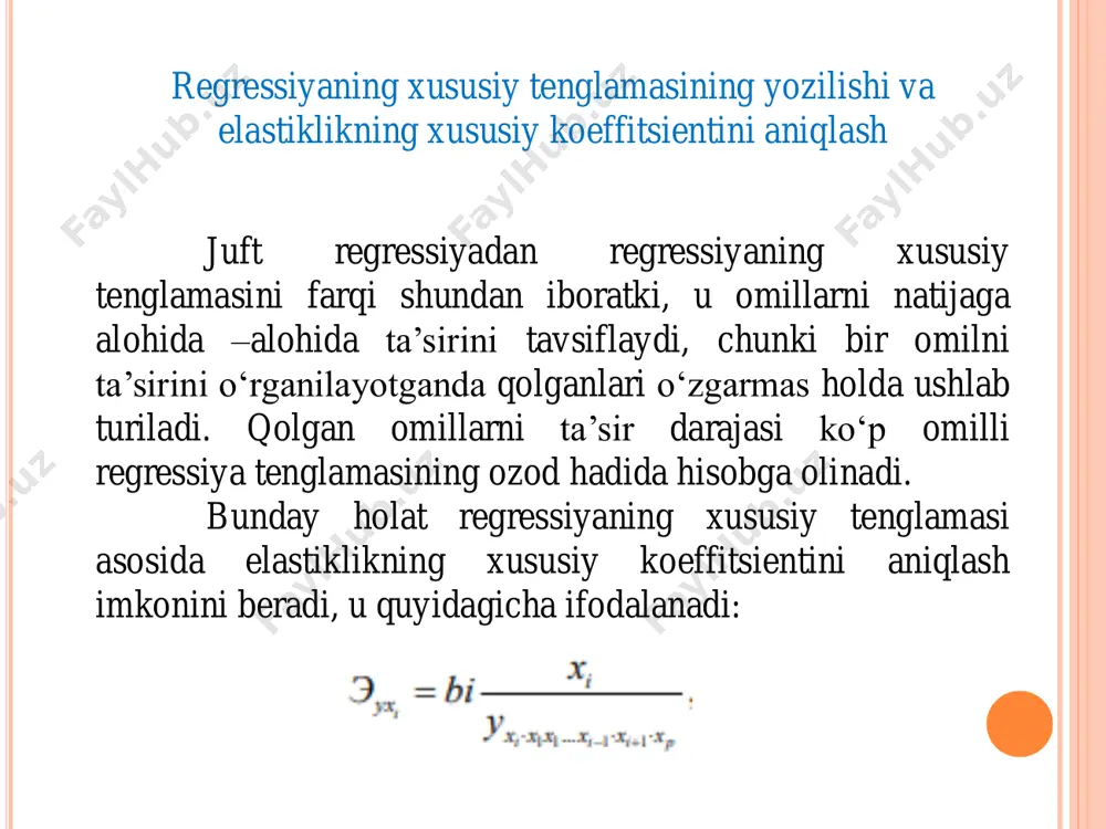 y korrelyatsiya koeffitsientlari orqali ham erishish mumkin. o‘rganilayotgan belgilar chiziqli bog‘lanishlarda bo‘lmagan holatlarda esa bu vazifani hususiy determinatsiya koeffitsientlari bajaradi. bundan tashqari, hususiy korrelyatsiya koeffitsientlari omillarni saralash muammolarini yechishda qo‘llaniladi, ya’ni u yoki bu omilni modelga kiritish masalasi xususiy korrelyatsiya koeffitsientlari orqali isbotlab beriladi. xususiy korrelyatsiya koeffitsienti (yoki indeksi) natija bilan regressiya tenglamasiga kiritilgan bitta omil orasidagi bog‘lanishning zichligini, boshqa omillar ta’siri o‘zgarmagan holda, tavsiflaydi. xususiy korrelyatsiya koeffitsientlari tahlil uchun modelga kiritilgan yangi omil hisobiga kamaygan qoldiq dispersiyani yangi omil kiritilmasdan oldingi qoldiq dispersiyaga bo‘lgan nisbatiga teng.