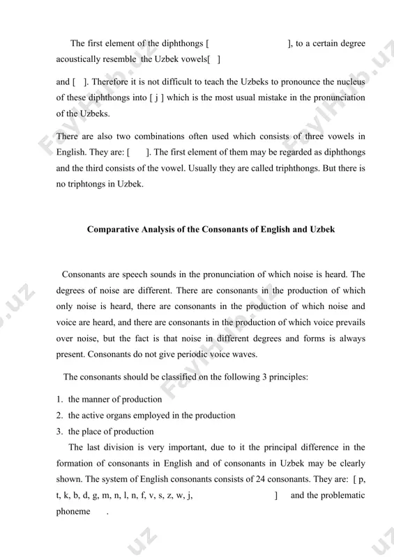 6. the english affricates [∫], [t∫] and fricatives [ ] are palato-alveolar, while uzbek [ ш, ж ] are post-alveolar fricatives and [ ж ] may be palatalised. 7. the english voiceless [ p,n,k,s] are more energetic than the corresponding uzbek voiceless consonants. in the uzbek [n, т, к ] there is less aspiration than in the corresponding english voiceless plosives. while the english voiced [ b, l, g, z] are less energetic than the corresponding uzbek voiced consonants. 8. we regard the jotal combination [ ] as a separate phoneme in english. it is not a chance combination, it is very often used and there is a letter in the alphabet to denote it in spelling. according to its first element it may be regarded as a consonants phoneme [c-v] may form phonological opposition with the vowel [u:]. this opposition is an example of vowel-consonant dichotomy de-due (dew), loote-lute. …