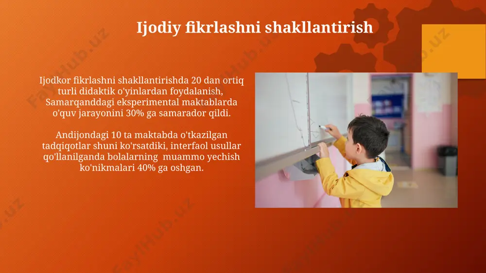 sinfda, 5 ta turli interaktiv usuldan foydalanib, samarqanddagi maktablarda qoʻllaniladigan standartlardan yuqoriroq natijalarga erishishi mumkin. interaktiv oʻyinlar va mashqlar interaktiv testlar, jumladan, 10 ta savoldan iborat onlayn viktorinalar, andijon viloyatidagi maktablarda oʻquvchilarning bilim darajasini baholashda 40% aniqlikni ta'minlaydi. interaktiv oʻyinlar, masalan, 5 yoshli bolalar uchun moʻljallangan "rangli shahar" oʻyini, bolalarning ranglarni va shaklni oʻrganishini 30% ga oshirishi va samarqanddagi boshlangʻich maktablarda sinovdan oʻtgan. mustaqil oʻrganishga oʻrgatish 2023-yilda oʻtkazilgan tadqiqotlar shuni koʻrsatdiki, mustaqil oʻrganish koʻnikmalarini rivojlantirish 8-sinf oʻquvchilarining 40%ida muvaffaqiyatli natijalarga olib keldi, natijalar andijon viloyatida olingan. mustaqil oʻrganishni rivojlantirish uchun 7 yoshli bolalarga 15 ta interaktiv mashqlarni oʻz ichiga olgan maxsus dastur ishlab chiqildi va toshkentdagi maktabda qoʻllanildi. muammolarni hal qilish qobiliyatini oshirish interaktiv o'yinlar, masalan, 5-sinf o'quvchilariga topshiriqlarni 3 guruhga bo'lib bajarishlarini taklif qilish orqali samarqanddagi maktablarda muammo yechish ko'nikmalarini sezilarli darajada oshirdi. 20 ta turli xil muammoni o'z ichiga olgan interaktiv elektron darsliklardan foydalanish, toshkentdagi 1000 nafar birinchi …