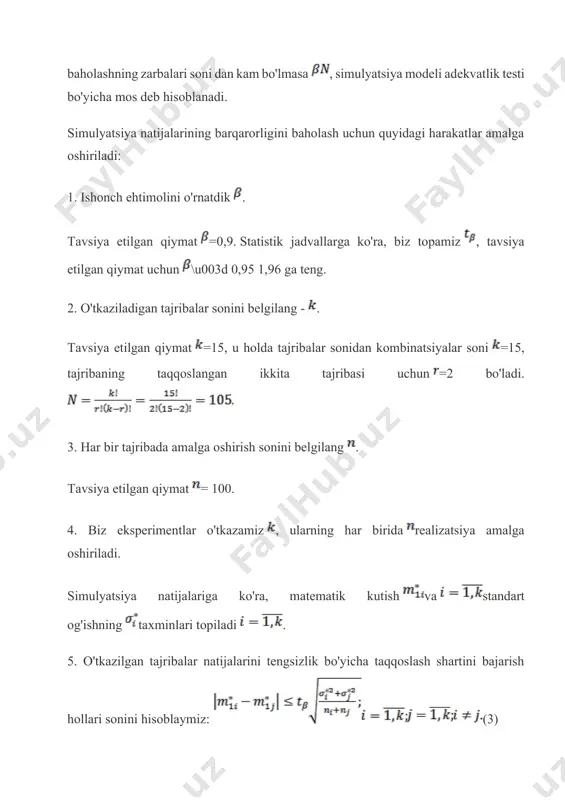 lyatsiyaga) moyil bo'lsa, dastlabki momentlarning taxminlari ularning mos keladigan momentlariga moyil bo'ladi . 3. zichlik funksiyasidan yoki moment hosil qiluvchi funksiyadan momentlarni hisoblash formulalarini yozamiz va tenglamalar tizimini tuzamiz, ularning yechimi faraziy qonun parametrlarining qiymatlarini aniqlaydi. shunday qilib, tizim tenglamalardan iborat bo'lishi kerak, lekin har qanday holatda ham , kamida dastlabki ikki momentni va ularning taxminlarini aniqlash tavsiya etiladi. 4. muvofiqlik mezonlari bo'yicha yaqinlashish sifatini baholash, ular orasida pirsonning moslik mezonlari ( ) va kolmogorov-smirnovning moslik mezonlari eng ko'p qo'llaniladi . 4.1. foydalanish uchun tasodifiy sonlarni guruhlash asosida tasodifiy miqdorni taqsimlash gistogrammasi tuziladi (gistogramma 6-rasmda ko'rsatilgan). hisoblangan qiymatlar va statistik jadvallar asosida gipoteza ishonch koeffitsienti aniqlanadi , u 10% ishonch oralig'iga to'g'ri kelishi kerak, ya'ni. tengsizlik saqlanishi kerak . agar bu shart bajarilsa, u holda mavjud statistik ma'lumotlar pirsonning moslik mezoni bo'yicha bayon qilingan faraziy qonunga bo'ysunishi haqidagi gipotezaga zid emas degan xulosaga keladi. agar bu tengsizlik qondirilmasa, u holda …