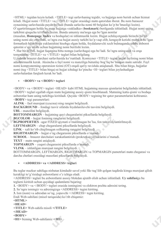 ir html-hujjatini anglatishi bildiradi. aslida esa hujjat oddiy matnli ascii-faylidir. bu teglarsiz brauzer hujjati formatini aniqlab, tarjima qila olmaydi. ko’pincha bu teg parametrga ega emas. html 4.0 versiyasiga qadar version parametri mavjud edi. html 4.0 da esa version o’rniga parametri paydo bo’ldi. yodga olishimiz lozim, 1997 yil iyun oyida html–standartining 4.0 versiyasi e'lon qilindi va 1997 yil dekabrida rasmiy standartga aylandi. bugun bu qabul qilingan (yuqorida aytib o’tganimizdek) standartlarning eng oxirgisidir. umuman, html hujjat standart hisoblanishi uchun yana prolog (muqaddima) ham kerak. hujjatga qanday ishlov berishiga qarab u o’rnatiladi. prolog quyidagi ko’rinishga ega: prolog bu maxsus ko’rinishga ega bo’lgan yolg’iz teg. bu teg ochuvchi oldida html–hujjatning eng oldiga o’rnatiladi va html 4.0–spetsifikatsiyasiga qat'iy mos kelgan holda rasmiylashtirilgan hujjat hisoblanadi. html – hujjatga prologni o’rnatish–bu wzs talabidir, (internetdagi ko’pchilik html hujjatlarda prolog qo’yilmaydi). html 4.0 spetsifikatsiyasida monitor ekranida taqdim etilgan ta'rifdan hujjat strukturasi ta'rifini ajratish asosiy (ключeвой) g’oyaga aylandi. tajriba ko’rsatishi …