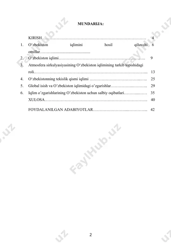 okeanlardan ichkarida joylashgan. bu esa uning iqlimidagi ba`zi xususiyatlari, chunonchi, quyoshni ufqdan balanda turib uzoq vaqt yoritib va isitib turishini, kam bulutli bo`lishligini shakllanishida muhim o`rin tutadi.o`zbekiston hududida ayrim yillari qish iliq kelib, o`simliklar vegetatsiya davrini to`xtatmaydi. bunday qish «vegetatsiyali qish» deb yuritiladi va u ko`proq o`zbekistonning janubida (umumiy qishning 80—100% tashkil etadi) kuzatiladi, aksincha shimolida esa «vegetatsiyali qish» umumiy qishining 0—5% i tashkil etadi, xodos.o`zbekistonda yoz ochiq, kuruq, jazirama issiq bo`lib, mahalliy tropik havo massasi ta`sirida bo`ladi. buning ustiga quyosh nuri tik tushib, uzoq vaqt yoritib turadi, natijada iyul’ oyida er yuzasi juda isib ketib, cho`llarda qumlar 80°gacha qizishi mumkin. bu vaqtda o`zbekiston tekislik va tog’ oldi havosi isib, iyulning o`rtacha harorati +27,3° c, +32°c gacha ko`tariladi.havoning namligi va bulutligi. o`zbekiston havosining namligi bulutligi eng avvalo havo massalarining xususiyati hamda almashlab turishiga, havoning haroratiga, yer usti holatiga yoz yog’in bilan bug’lanishning nisbatiga bog’liq. o`zbekiston tekislik haroratning, ayniqsa yilning issiq …