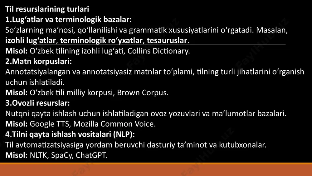 lug'atometriya lug'atlarning tahlili va o'rganishini o'z ichiga oladi. bu tilning o'zgarishi, tilning rivojlanishi va boshqalarni o'rganishga yordam beradi. til modelini qo'llash til modellari tilni o'rganish va tahlil qilishda foydalaniladi. bu so'zlarning ma'nosi, grammatikasi va boshqalarni tahlil qilishga yordam beradi. 10 ilmiy-amaliy yondashuvlar 1 tilni o'rganish 2 tilni tahlil qilish 3 tilga asonlangan dasturlar 4 tilni qo'llash 11 qo'yiladigan talablar 1 sifat til resurslari yuqori sifatga ega bo'lishi kerak. bu ma'lumotlarning to'g'riligi va ishonchliligini ta'minlashga yordam beradi. 2 dolzarblik til resurslari dolzarb va yangilangan bo'lishi kerak. bu resurslarning amaliy ahamiyatini oshirishga yordam beradi. 3 qonuniylik til resurslari mualliflik huquqi va boshqa qonunlarga muvofiq bo'lishi kerak. 12 xulosa va tavsiyalar 1 ahamiyat til resurslari tilni o'rganish, tahlil qilish va qo'llashda muhim rol o'ynaydi. 2 samaradorlik til resurslaridan samarali foydalanish tilga asoslangan dasturlarning samaradorligini oshiradi. 3 tadqiqot til resurslari ilmiy tadqiqotlarda yangi imkoniyatlar yaratadi. 13 image2.png image3.png image4.png image5.png image6.png image7.png image8.png image9.png …