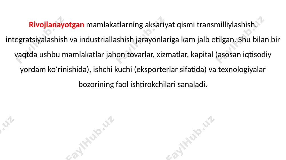 tizimlari kapitalni xalqaro investitsiyalashni amalga oshirishni yengillashtiradi. dunyoning axborot integratsiyalashuvi sharoitlarida xo‘jalik yuritishning xorijiy tajribasini o‘zlashtirish va texnologiyalarni omkazish birmuncha tezlashadi. globallashuvning ikkinchi manbasi — proteksionizm siyosatini cheklashga sabab bo‘luvchi va jahon savdosini erkin qiluvchi savdoning liberallashuvi hamda iqtisodiy liberizatsiyaning boshqa shakllaridir. buning natijasida turli xil savdo tariflari jiddiy ravishda pasaydi, tovarlar va xizmatlar savdosidagi boshqa ko‘plab to‘siqlar bartaraf etildi. boshqa liberizatsiya tadbirlari ishlab chiqarishning qolgan omillari va kapital harakati kuchayishiga olib keldi. baynalminallashuv jarayonining uchinchi manbasi va globallashuvning asosiy manbalaridan biri transmilliylashuv hodisasi bo‘ldi. ushbu holatda transmilliy kompaniyalar yetakchi kuch sifatida namoyon bo‘iadi va ular bir vaqtning o‘zida baynalminallashuv jarayonining asosiy ishtirokchilari hisoblanadi. globaiiashuv jarayonining asosiy manbalari zamonaviy transmilliy korporatsiyalar, oldingi ishlab chiqarishga ixtisoslashgan tmklardan farqü ravishda, asosan axborot va moliyaviy bozorlarda faoliyat ko‘rsatmoqda. hozirgi paytda yangi texnologiyalarning 80% tm klar tomonidan yaratilmoqda, ayrim holatlarda ularning daromadlari ayrim yirik mamlakatlarning yalpi milliy daromadidan oshib ketmoq- da. aytish joizki, dunyoning …