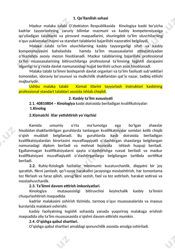 stemasi; organizm tuzilishi va tashqi muxit bilan muntazam bog’liqligi itlarni saqlash va boqish tartiblarini bilish va o‘zlashtirish; 4. ta’lim dasturini o‘zlashtirgan bitiruvchining umumiy va kasbiy kompetensiyalariga qo‘yiladigan talablar 4.1. 40810804 – kinologiya kasbi bitiruvchilari umumiy kompetensiyasiga qo‘yiladigan talablar: ptm bitiruvchisi quyidagi umumiy kompetensiyalarga ega bo‘lishi kerak: uk-1. kasbiy faoliyat doirasida vujudga keladigan turli masalalar yechimini topish usullarini tanlay olish; uk-2. rahbar tomonidan belgilangan maqsadga erishish uchun jamoada ishlay olish; uk-3. o‘zining kasbiy malakasini va shaxsiy kamolotini takomillashtirib borish; uk-4. jamoada va ma’lum vazifani bajarishga yo‘naltirilgan guruhda ishlash, hamkasblar, rahbarlar va mijozlar bilan samimiy, xushmuomala va samarali muloqot qilish; uk-5. ta’lim olgan tilida fikrini og‘zaki va yozma ravishda ravon bayon qilish; uk-6. umuminsoniy fazilatlarga ega bo‘lish, o‘z millatini va vatanini sevish, u bilan faxrlanish, milliy urf-odatlar, qadriyatlarni hurmat qilish; uk-7. professional vazifalarni samarali bajarish uchun zarur bo‘ladigan ma’lumotlarni qidirish; uk-8. kasbiy faoliyatida axborot-kommunikatsiya texnologiyalarini qo‘llash; uk-9. kasbga doir hujjatlar bilan ishlash; …