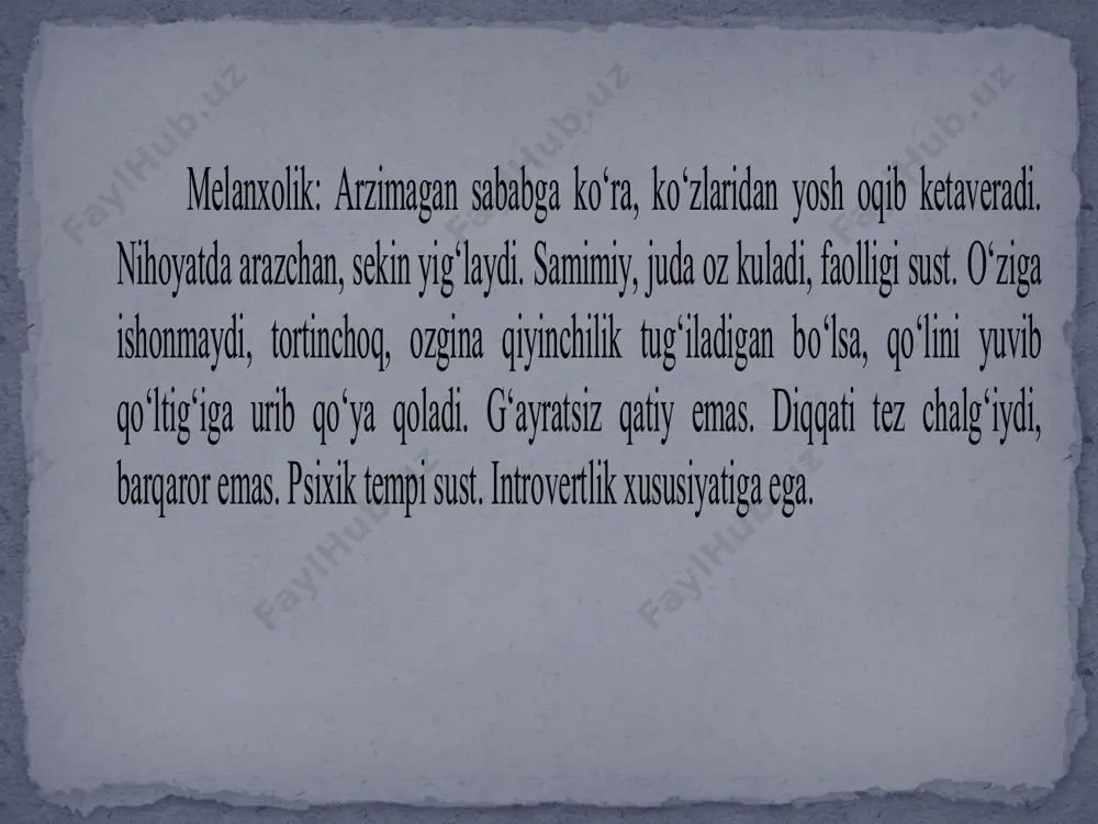 39. sizga tez aktivlik k о‘rsatishni talab qiladigan ishlarni bajarish yoqadimi? 40. sizda kelgusida b о‘lishi mumkin bо‘lgan kо‘ngilsiz voqealarni о‘ylash tufayli qandaydir bezovtalik hollari b о‘lib turadimi? 41. odatda siz sekin va shoshmasdan yurasizmi? 42. siz qachondir ishga yoki uchrashuvga kech qolganmisiz? 43. siz tez-tez dahshatli tushlar kо‘rib turasizmi? 44. aytishlaricha, siz insonlar bilan suhbatlashishni juda yaxshi kо‘rganligingiz tufayli, notanish kishilar bilan ham bun day imkoniyatni qо‘ldan chiqarmaslikka harakat qilar ekansiz. shu t о‘g‘rimi? 45. sizni qandaydir jismoniy og‘riqlar bezovta qilib turadimi? 46. agar sizni о‘zga kishilar bilan suhbatlashish imkoniyatidan mahrum qilishsa, siz о‘zingizni baxtsiz kishi deb hi soblarmidingiz? 47. siz о‘zingizni asabiy kishi deb hisoblaysizmi? 48. tanishlaringiz ichida sizga yaqqol yoqmaydigani bormi? 49. siz о‘zingizga о‘ziga ishongan insonga qaragandek qaray olasizmi? 50. agar kishilar sizning shaxsiy yoki ishdagi kamchiliklaringizni kо‘rsatishsa siz tez xafa bо‘lasizmi? 51.siz turli kechalarda qatnashgan bilan haqiqiy qoniqish xissini olib bо‘lmaydi, deb hisoblaysizmi? 52.sizni tez-tez …