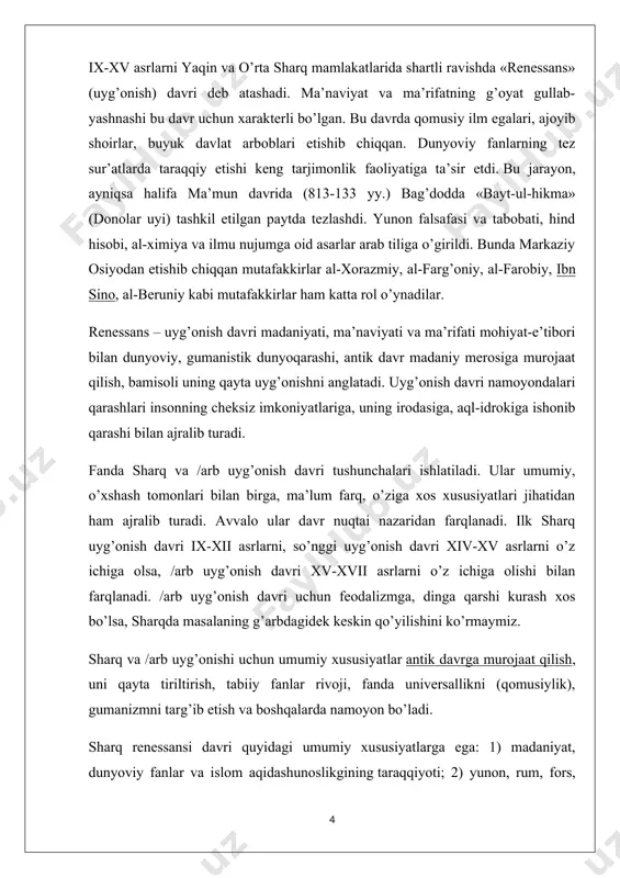 fani usullari”, “osmon harakatlari va yulduzlar ilmi” va boshqalardir. farg’oniyning “astranomiya asoslari” kitobi o’sha davrdagi astranomiya sohasidagi bilimlarning qomusi bo’lgan. unda qadimgi falakiyotshunoslik bilimlari, uning qoidalari, usullari bayon qilingan. asar xii asrdayoq lotin tiliga tarjima etilib, ko’p asrlar davomida evropada astronomiya bo’yicha qo’llanma, darslik sifatida xizmat qilib kelgan. u evropada al-fraganus nomi bilan mashhur bo’lgan. al-xorazmiy (780-850 yy.) sharqning buyuk mutafakkiri, qomusiy olimdir. uning ilmu-nujum, geodeziya, geografiya va ayniqsa riyoziyot sohasidagi xizmatlari beqiyosdir. u arab, hind, lotin, yunon, fors tillarini bilgan. xorazmiy bir qancha kitob va risolalarning muallifidir. bulardan eng mashhuri “kitob al-jabr va al-muqobala” asaridir. bu asar riyoziyotda yangi mustaqil fan – algebraning vujudga kelishiga zamin bo’ldi. u tenglamalarni echishning ikki usulini – al-jabr, ya’ni qarama-qarshi ishoralarni yagona musbat ishoraga keltirish va al-muqobala, ya’ni bir hil hadlarni qarama-qarshi qo’yishni kashf qildi. xorazmiy “sind hind”, “ziji xorazmiy”, “astrolyabiya bo’yicha risola”, “quyosh soati haqida risola”, “erning shakli haqida kitob”, “trigonometrik jadvallar”, …