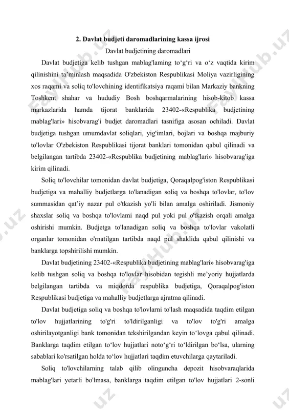 o'lovlarni to'lash maqsadida taqdim etilgan to'lov hujjatlarining to'g'ri to'ldirilganligi va to'lov to'g'ri amalga oshirilayotganligi bank tomonidan tekshirilgandan keyin to‘lovga qabul qilinadi. banklarga taqdim etilgan to‘lov hujjatlari noto‘g‘ri to‘ldirilgan bo‘lsa, ularning sabablari ko'rsatilgan holda to‘lov hujjatlari taqdim etuvchilarga qaytariladi. soliq to'lovchilarning talab qilib olinguncha depozit hisobvaraqlarida mablag'lari yetarli bo'lmasa, banklarga taqdim etilgan to'lov hujjatlari 2-sonli kartotekaga qabul qilinadi va to'lovlar o'zbekiston respublikasi adliya vazirligida 1999-yil 30-yanvarda ro'yxatga olingan 615-sonli «xo'jalik yurituvchi subyektlarning bank hisobvaraqlaridan pul mablag'larini hisobdan chiqarish tartibi to'g'risidagi yo'riqnoma»ga asosan, qonunchilikda boshqa holatlar ko'zda tutilmagan bo'lsa, amalga oshiriladi. soliq to'lovchilarning to'lov topshiriqnomalari hamda soliq va rnoliya organlarining inkasso topshiriqnomalari banklarning aybi bilan o'z vaqtida ijro etilmasa, banklar har bir muddati o'tgan kun uchun qonunchilikda belgilangan tartibda budjetga o'z vaqtida o'tkazilmagan summaning 0,5 foizi miqdorida jarima to'laydi. davlat budjeti daromadlari hisobvarag'iga kelib tushgan mablag'laming kirim qilinganligi to'g'risida hisobvaraqdan ko'chirma va ilovalar banklar tomonidan o'matilgan tartibda tegishli rnoliya organlari orqali soliq …