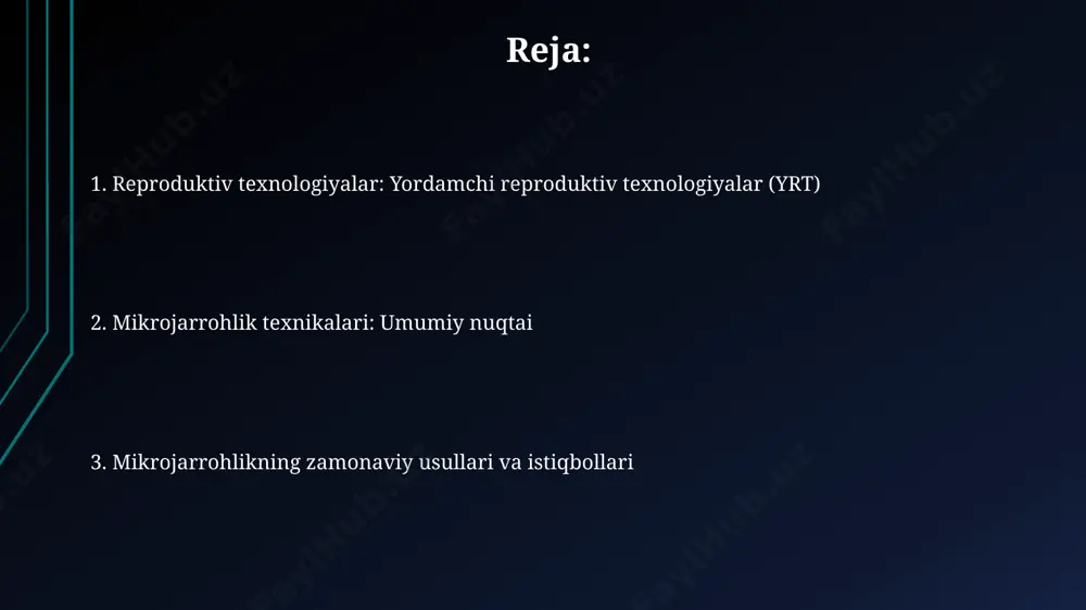 protseduralarida qo'llaniladi. jarrohlik davomida 1 mm dan kam mikro-testikulyar biopsiyalar olinadi va keyinchalik maxsus uskunalar yordamida spermatozoidlar aniqlanadi, bu esa yuqori aniqlikni ta'minlaydi. icsi (intrasitoplazmatik sperma in'ektsiyasi) texnikasi icsi ning afzalliklariga embrionlarning genetik tekshiruvi (pgt-a, pgt-m) kabi qo'shimcha usullarni qo'llash, shuningdek, 8-12 hujayrali stadiyasiga yetgan embrionlarni tanlash kiradi. icsi texnikasi inson reproduktiv salomatligini yaxshilashda muhim rol o'ynaydi, har yili dunyo bo'ylab 1 milliondan ortiq tug'ilishga yordam beradi va muvaffaqiyat darajasi 40-60% oralig'ida. erkak bepushtligining mikrojarrohlik bilan davolanishi mikro-tese jarrohlik amaliyoti, past spermatogenez bilan og'rigan erkaklarda sperma topish ehtimolini sezilarli darajada oshiradi (20-30% ga), ivf/icsi uchun zarur bo'lgan spermani olishga imkon beradi. mikrojarrohlik orqali sperma olish (mesa/tesa/pesa) usullari erkak bepushtligining 15-20% hollarda samarali bo'lib, spermatozoidlarni to'g'ridan-to'g'ri epididimis yoki moyak to'qimasidan olish imkonini beradi. endometrioz va uning mikrojarrohlik bilan davolanishi laparoskopik mikrojarrohlik yordamida endometrioz tugunlarini aniq va samarali olib tashlash mumkin, bu esa homilador bo'lish imkoniyatini 30-40% ga oshiradi va endometriozning qaytalanish …