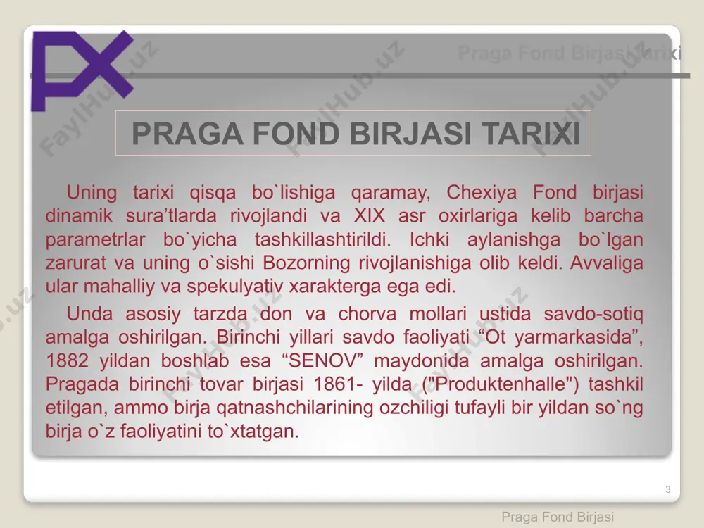 i. kattaligi bo`yicha ikkinchi index bu – px-glob dir. 11 chexiya fond birjasi hozirgi kunda praga fond birjasi 12 px index statistik ma’lumotlari praga fond birjasi oylik (-18.86%) kunlik (-1.34%) haftalik (-10.43%) yillik (-58.71%) 12 praga fond birjasi 13 14 praga fond birjasi chexiya fond birjasi hozirgi kunda birjada bir kunda ikki marotaba birja operatsiyalari bo'lib o'tadi: birinchi qismi soat 08:00 dan - 16:00 gacha., va 17:00 dan 20:00 gacha bo'lgan davr mobaynida yopish natijalari olinadi. hisobot esa ish kunining 3 - kuni shartnomalar tuzilgandan keyin chiqariladi. praga fond birjasining asosiy aksioner kompaniyalari bu patria finance(25%), ulush xissasi bo`yicha ikkinchi o`rinda turuvchi - česká spořitelna, beshinchi o`rinda- komerční banki hisoblanadi. (2008 yilgacha) 14 praga fond birjasining boshqaruv tuzilmasi praga fond birjasi 15 bundan tashqari: chairman of the executive board (univyc) – boshqaruv kengashi raisi chairman of the exchange chamber (prague energy exchange) – birja platasi raisi chairman of the listing …