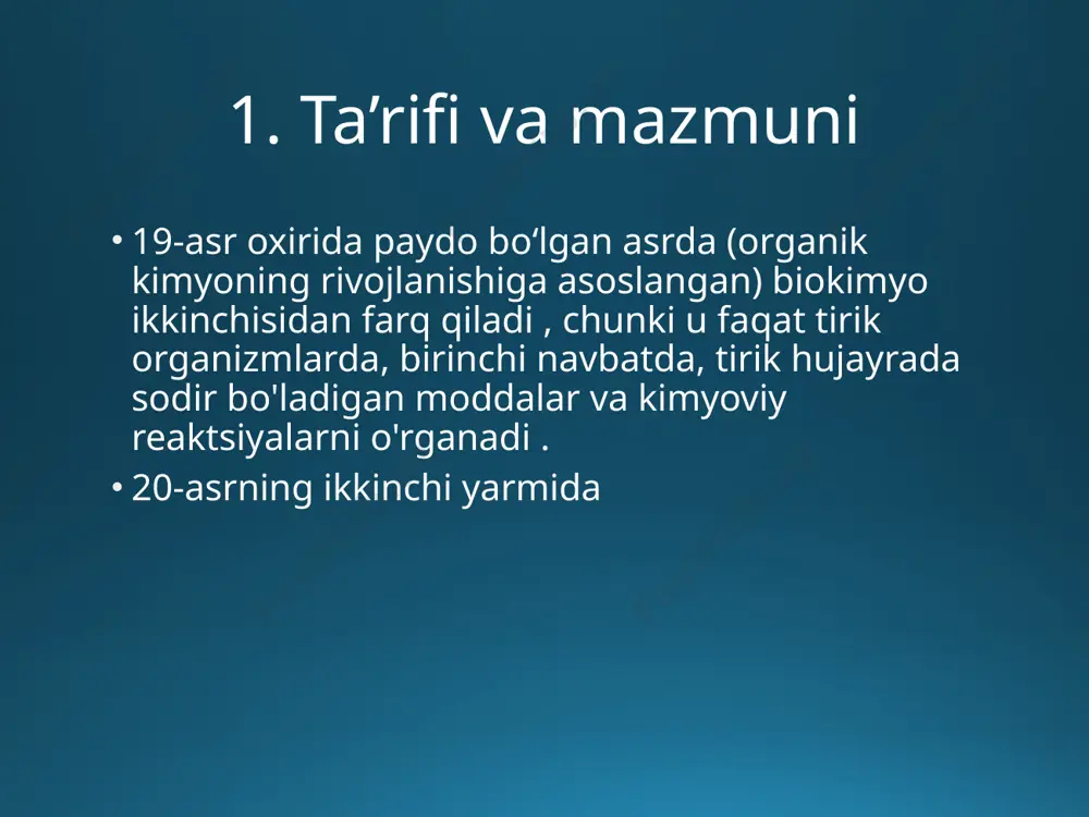o'plangan eksperimental ma'lumotlar, mohiyati nafas olish va bu jarayonda alohida rol o'ynaydi kislorod. rivojlanish tarixi 1827 yildayoq hayot kimyosini o'rganish biologik molekulalarning hali ham qabul qilingan bo'linishiga olib keldi oqsillar, yog'lar va uglevodlar. ushbu tasnifning muallifi ingliz kimyogari va shifokori edi uilyam prout . in 1828 nemis kimyogari f. wöhler sintez qilingan karbamid: birinchi -dan siyan kislotasi va ammiak va yil oxirida -dan karbonat angidrid va ammiak. shunday qilib, birinchi marta tirik organizmning kimyoviy moddalarini tanadan biokimyo tarixi kimyoning ushbu yo'nalishidagi keyingi kuchli turtki laboratoriya sintezlaridan kelib chiqdi. lipidlar ( v 1854 yil — p. berthelot , frantsiya ) va uglevodlar dan formaldegid ( 1861 — a. m. butlerov, rossiya ). butlerov ham ishlab chiqilgan tuzilish nazariyasi organik birikmalar (1861 ). biokimyo tarixi 1882 yilda ivan gorbachevskiy dunyoda birinchi marta u glitsindan siydik kislotasini sintez qildi. keyingi tadqiqotlarda u odam va hayvon organizmlarida uning paydo bo'lish manbasi va yo'llarini aniqladi. …