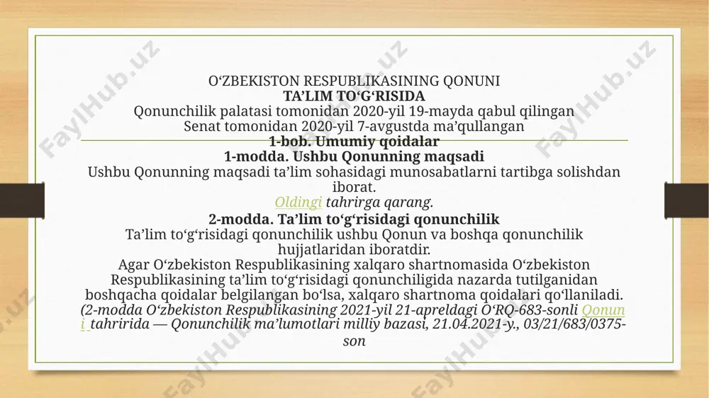 qiy tarbiyaning yuqori samaradorligini ta’minlaydigan ta’lim-tarbiya muhiti; ta’lim-tarbiya jarayoni ishtirokchilari — ta’lim oluvchilar, voyaga yetmagan ta’lim oluvchilarning ota-onalari yoki boshqa qonuniy vakillari, pedagog xodimlar va ularning vakillari; ta’lim tashkilotlari attestatsiyasi — ta’lim tashkilotlarining faoliyatini baholash, davlat ta’lim standartlari, davlat ta’lim talablari hamda o‘quv dasturlariga muvofiq kadrlar tayyorlash mazmuni, darajasi va sifatini aniqlash bo‘yicha davlat nazoratining asosiy shakli; 5-modda. ta’lim olish huquqi jinsi, irqi, millati, tili, dini, ijtimoiy kelib chiqishi, e’tiqodi, shaxsiy va ijtimoiy mavqeyidan qat’i nazar, har kimga ta’lim olish uchun teng huquqlar kafolatlanadi. keyingi tahrirga qarang. ta’lim olish huquqi: ta’lim tashkilotlarini rivojlantirish; ta’lim tashkilotlarida innovatsion faoliyatni qo‘llab-quvvatlash va o‘quv dasturlarini innovatsion texnologiyalarni qo‘llagan holda amalga oshirish; ishlab chiqarishdan ajralgan (kunduzgi) va ajralmagan holda (sirtqi, kechki, masofaviy) ta’lim olishni tashkil etish; kadrlarni tayyorlash, qayta tayyorlash va ularning malakasini oshirish; umumiy o‘rta, o‘rta maxsus ta’limni va boshlang‘ich professional ta’limni bepul olish; oilada yoki mustaqil o‘qish orqali ta’lim olgan fuqarolarga, shuningdek umumiy …