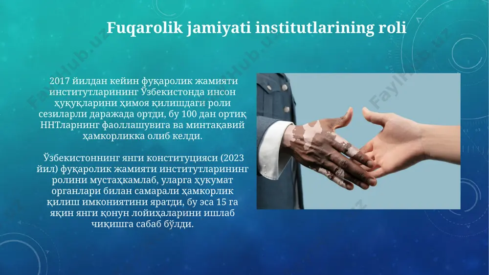 deksining 2017 yildagi o‘zgarishlari, qamoqqa olish muddatini qisqartirish va tergov davomida inson huquqlarini himoya qilishni kuchaytirishga qaratilgan 10 dan ortiq moddalarni o‘z ichiga oldi. zamonaviy qonunchilikdagi yangi yondashuvlar o'zbekistonning yangi jinoyat kodeksi (2017) va fuqarolik kodeksi (2021) inson huquqlari va erkinliklarini himoya qilishga oid 30 dan ortiq yangi moddalarni o'z ichiga oladi, bu esa toshkent shahrida amalda qo'llanilmoqda. zamonaviy qonunchilikda inson huquqlari bo'yicha 20 dan ortiq xalqaro konventsiyalar va shartnomalar, jumladan, bmtning 1948 yildagi umumiy deklaratsiyasi tamoyillari milliy qonunchilikka tatbiq etilmoqda. o'zbekistonda inson huquqlari va erkinliklarini kafolatlash tarixi o'zbekistonda inson huquqlari himoyasida 2017-yildan keyin o'zbekiston prezidenti shavkat mirziyoyev tomonidan amalga oshirilgan islohotlar, shu jumladan, sud-huquq tizimining islohotlari va fuqarolarning huquqiy madaniyatini oshirishga qaratilgan dasturlar muhim rol o'ynadi. 1992-yilda qabul qilingan o'zbekiston respublikasining konstitutsiyasi inson huquqlari va erkinliklarining asosiy kafolatlarini, jumladan, fikr bildirish, din va yig'ilish erkinligini ta'minlashni belgilab berdi. qonunchilik bazasi ўзбекистон республикасининг 1992 йилда қабул қилинган конституцияси инсон ҳуқуқ …