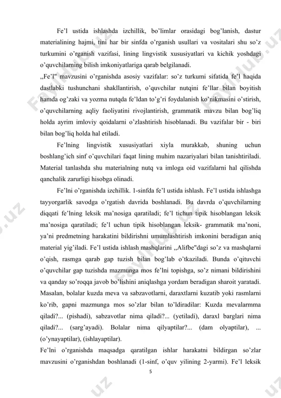 shakllantirishni talab etadi. buning uchun o’qituvchi fe’lning har xil shakllaridan foydalanib, maxsus mashqlar o’tkazadi. mwm? so’rog’iga javob bo’lgan so’z bilan nima qildi? (nima qilyapti?, nima qiladi?) so’rog’iga javob bo’lgan so’zlar taqqoslanadi: nima? so’rog’iga javob bo’lgan so’zlar guruhi predmetni bildirishi, nima qildi? so’rog’iga javob bo’lgan so’zlar esa predmet harakatini bildirishi aniqlanadi. taqqoslash ot va fe’lni ajratishga o’rgatadi, ular- ning nutqda bir-biriga ta’sir etishini aniqlashga imkon beradi. fe’lga so’roq berishga o’rgatish yuzaki bo’lmasligi, o’quvchilar harakat bir kishi tomonidan bajarilsa, nima qildi?, nima qilyapti?, nima qilmoqchi?so'roqg'arim, ikki va undan ortiq kishi tomonidan bajarilsa, nima qildilar?, nima qilyaptilar?, nima qilmoqchilar? so’roqlarini berishni bilishlari zarur. bunday so’roqlarga javob berishga o’rgatish o’z navbatida, fe’l zarnonlarini o’rganishga tayyorlash demakdir. sinfda morfologik so’roq so’z nimani bildirishini aniqbsh maqsadida beriladi. o’quvchilarni so’zga so’roq berishga, o’qituvchi bergan so’rog’iga javob bo’ladigan so’zlarni tanlashga, so’zni so’roi;-la mos ravishda o’zgartirishga (nima qildi? — o’qidi, nima qilamiz? o’qiymiz, nima qilmoqchi?— o’qimoqchi kabi) o’rgatiladi. 3-sinflarda …