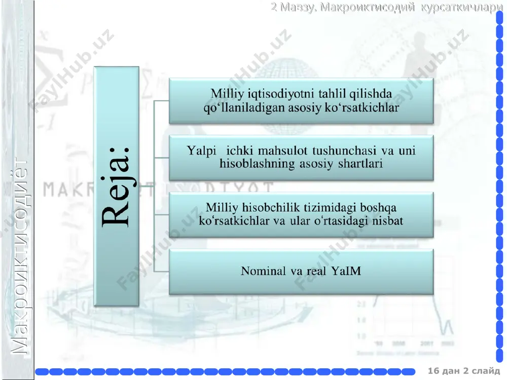 ratsiyalarning foydasi: a) dividendlar b) korporatsiyalar foydasiga soliqlar v) korporatsiyalarning taqsimlanmagan foydasi yalpi investitsiyalar: a) amortizatsiya (iste’mol šilingan kapital hajmi) b) sof investitsiyalar tovar va xizmatlarning davlat xaridi sof eksport (umumiy eksport mikdoridan import mikdorining ayirib tashlanishi ) daromadlar bo‘yicha (ishlab chiqarish omillarining daromadlari) xarajatlar bo‘yicha (pirovard ishlatilishi bo‘yicha) макроиктисодиёт 2 мавзу. макроиктисодий курсаткичлари 16 дан * слайд макроиктисодиёт 2 мавзу. макроиктисодий курсаткичлари 16 дан * слайд yaimni xarajatlar orqali hisoblash formulasini quyidagicha tasvirlash mumkin: yaim = s + i + g + xp макроиктисодиёт 2 мавзу. макроиктисодий курсаткичлари 16 дан * слайд yaimni daromadlari yigʻindisi koʻrinishida hisoblashda asosan quyidagi koʻrsatkichlardan foydalaniladi: макроиктисодиёт 2 мавзу. макроиктисодий курсаткичлари 16 дан * слайд shuningdek, yaimni daromadlar koʻrinishida aniqlashda, iqtisodiy nazariyada, daromadlarni quyidagi komponentlarga boʻlish koʻzda tutiladi: yaim (y) = a + t + w + r1 + r2 + r1 + r2 макроиктисодиёт 2 мавзу. макроиктисодий курсаткичлари 16 дан * слайд sim …