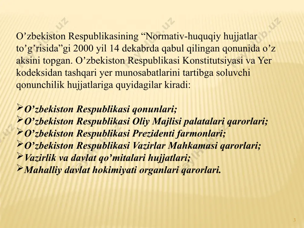 qilish va undan foydalanish toʼgʼrisida”gi qonuni. 5. oʼzbekiston respublikasining “vazirlar mahkamasi toʼgʼrisida”gi qonuni. 6. oʼzbekiston respublikasining “maxalliy davlat hokimiyati toʼgʼrisida”gi qonuni. 7. oʼzbekiston respublikasining “fuqarolarning mahalliy oʼzini-oʼzi boshqarish organlari toʼgʼrisida”gi qonuni. yer munosabatlarini tartibga soluvchi maxsus ahamiyatga ega qonunlar sirasiga quyidagilar kiradi: oʼzbekiston respublikasining yer kodeksi. 2.oʼzbekiston respublikasining “davlat yer kadastri toʼgʼrisida”gi qonuni. 3. oʼzbekiston respublikasining “yer osti boyliklari toʼgʼrisida”gi qonuni. yer qonunchiligini buzganlik uchun javobgarlik belgilangan muhofaza etuvchi ahamiyatga ega qonunlarga quyidagilar kiradi: 1. oʼzbekiston respublikasining maʼmuriy javobgarlik toʼgʼrisidagi kodeks. 2. oʼzbekiston respublikasining jinoyat kodeksi. 3. oʼzbekiston respublikasining fuqarolik kodeksi. 4. oʼzbekiston respublikasining soliq kodeksi va b.q. yer munosabatlarini tartibga solishda va yer monitoringi, yer tuzish va yer kadastrini yuritishda bir necha normativ-huquqiy hujjatlarga amal qilinadi, ularni oʼz navbatida quyidagilarga boʼlinadi: 1. normativ-huquqiy (konstitutsiya, qonunlar, farmon, qaror, yoʼriqnoma, nizom va ustavlar); 2. normativ-texnik (standartlar, koʼrsatma va normativlar) 12 yerga oid qonunchilik xujjatlarida - yerdan oqilona foydalanish bilan bogʼliq yer …