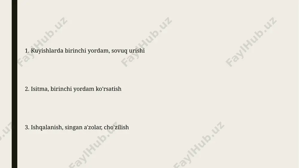 arshi balzamlar samarali. ularni zararlangan teriga kuniga bir necha marta, ayniqsa mashqdan oldin surting. davolash davomiyligi 1 haftagacha bo'lishi mumkin. cho'zilishni davolash usullari uchinchi darajali kuyishlarda darhol tibbiy yordamga murojaat qiling. kuygan joyni steril mato bilan yoping va bemorni shok holatidan saqlash uchun 911 ga qo'ng'iroq qiling. birinchi darajali kuyishlarda sovuq suvga 10-20 daqiqa davomida solib turish va steril doka bilan yopish infeksiyaning oldini oladi. og'riq qoldiruvchi vositalar qo'llanilishi mumkin. singan a'zolarda birinchi yordam sinish joyiga darhol sovuq qo'ying, masalan, muz paketini 20 daqiqaga, har 2-3 soatda bir marta, shishni kamaytirish va og'riqni yengillashtirish uchun. qo'l yoki oyoq sinishida shikastlangan a'zoni shina bilan mahkamlang (masalan, taxta yoki karton bilan) 2 ta bo'g'inni ushlab turgan holda, harakatlanishni cheklang. kuyishni davolash usullari agar kuyish maydoni katta bo'lsa, 2-darajali kuyish bo'lsa yoki pufakchalar paydo bo'lsa, darhol tibbiy yordamga murojaat qilish kerak, sababi infektsiya xavfi yuqori. kuyishni davolash usullari profilaktika va xavfsizlik choralari sovuq …