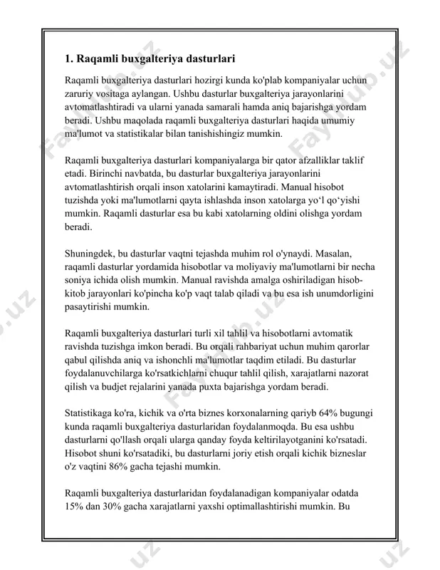 isobotlarning avtomatlashtirilishi moliyaviy hisobotlarning avtomatlashtirilishi - bu zamonaviy korxonalar uchun muhim ahamiyatga ega jarayon bo'lib, moliyaviy ma'lumotlarni samarali va tezkor ravishda yig'ish, tahlil qilish hamda ishlab chiqishda yordam beradi. ushbu jarayon, odatda, kompyuter dasturlari va maxsus dasturiy ta'minotlar yordamida amalga oshiriladi. keling, quyida ushbu jarayon haqida kengroq ma'lumot beramiz. avtomatlashtirilgan moliyaviy hisobotlar yordamida korxonalar qo'lda ishlash zafarliklaridan qutulishi mumkin. an'anaviy usullar bilan solishtirganda, avtomatlashtirish jarayoni ma'lumotlarning to'g'riligini va ishonchliligini oshiradi. jahon bankining ma'lumotlariga ko'ra, rivojlanayotgan mamlakatlarda qo'lda hisobot tayyorlash jarayoni korxonalar uchun yiliga o'rtacha 240 dan 280 soatgacha vaqtni oladi. bu esa o'z navbatida xodimlar vaqtini va korxonangiz resurslarini tejash imkonini beradi. 2020-yilda olib borilgan tadqiqotlarga ko'ra, moliyaviy hisobotlarni avtomatlashtirish orqali xatoliklarning 30% dan ortiq qismini bartaraf etish mumkin. boshqa bir tadqiqotda, xatolar soni avtomatlashtirilgan tizimlar yordamida 47% gacha kamayishi mumkinligi qayd etilgan. bu holat korxonalarning moliyaviy xatolar tufayli yuzaga kelishi mumkin bo'lgan yo'qotishlardan himoyalanish imkoniyatini oshiradi. avtomatlashtirish dasturlari o'rtacha …