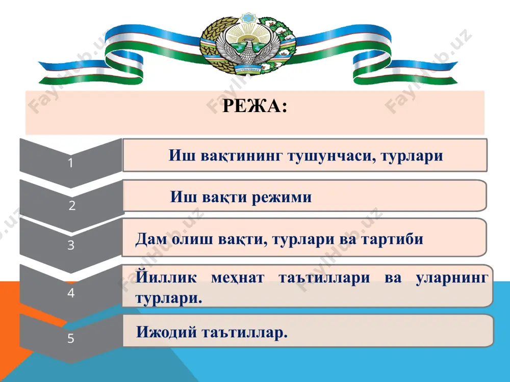 и дам олиш вақти — ходим меҳнат вазифаларини бажаришдан ҳоли бўлган ва бундан у ўз ихтиёрига кўра фойдаланиши мумкин бўлган вақтдир. кундалик дам олиш вақти таътиллар дам олиш кунлар байрам (ишланмайдиган) кунлари дам олиш вақти байрам (ишланмайдиган) кунлари байрам (ишланмайдиган), дам олиш кунлари 21 март — наврўз байрами 1 январь — янги йил 8 март — хотин-қизлар куни 9 май — хотира ва қадрлаш куни 8 декабрь — конституция куни 1 сентябрь — мустақиллик куни 1 октябрь — ўқитувчи ва мураббийлар куни рўза ҳайит (ийд ал-фитр) диний байрамининг биринчи куни қурбон ҳайит (ийд ал-адҳа) диний байрамининг биринчи куни таътиллар таътилларнинг турлари: йиллик асосий таътиллар йиллик қўшимча таътиллар асосий таътил (ўзр мк 134-м.) узайтирилган асосий таътиллар (ўзр мк 135-м.) меҳнат шароити ноқулай ва ўзига хос бўлган ишларда банд бўлган ходимларга (ўзр мк 137-м.) оғир ва ноқулай табиий-иқлим шароитларида иш бажараётган ходимларга (ўзр мк 138-м.) йиллик асосий таътилни олиш ҳуқуқини берадиган иш …