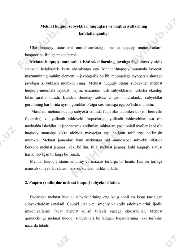 tadbirkorlar (ish beruvchilar) va ularning huquqiy statusi o`zaro farq qilinadi. mehnat huquqi subyekti sifatida barcha fuqarolar amalda mehnat qilish qobiliyatiga ega bo`lishi lozim. bu qobiliyat shaxsning jismoniy va aqliy imkoniyatlari doirasini o`z ichiga oluvchi omillar yig`indisi bilan belgilanadi hamda jismoniy yoki aqliy mehnat qilish jarayonida yuzaga chiqadi. bu imkoniyatlar yuzaga chiqishi uchun fuqaro muayyan yoshga yetishi, o`z xatti-harakati uchun javob bera oladigan holatda bo`lishi lozim. mehnat qilishning dastlabki layoqatlari juda erta – bola 4 yoshga kirganidayoq yuzaga kela boshlaydi, biroq mehnat qonunchiligi shaxsda mehnat qila bilish kobiliyati amalda paydo bo`lgan paytdan emas, balki mehnat huquq subyekti bo`la olishligi momentidan boshlab mehnat huquqi subyekti deb tan oladi. mehnat huquqiy subyektlilik amaldagi mehnat qonunchilik qoidalariga ko`ra odatda shaxsning 16 yoshga to`lishi bilan tan olinadi. mehnat kodeksining 77-moddasiga ko`ra ishga qabul qilish 16 yoshdan amalga oshirilishi ko`zda tutilgan. ota-onalardan biri yoki ular o`rnini bosuvchi shaxsning yozma roziligi bilan 15 yoshga to`lgan shaxslar ham, …