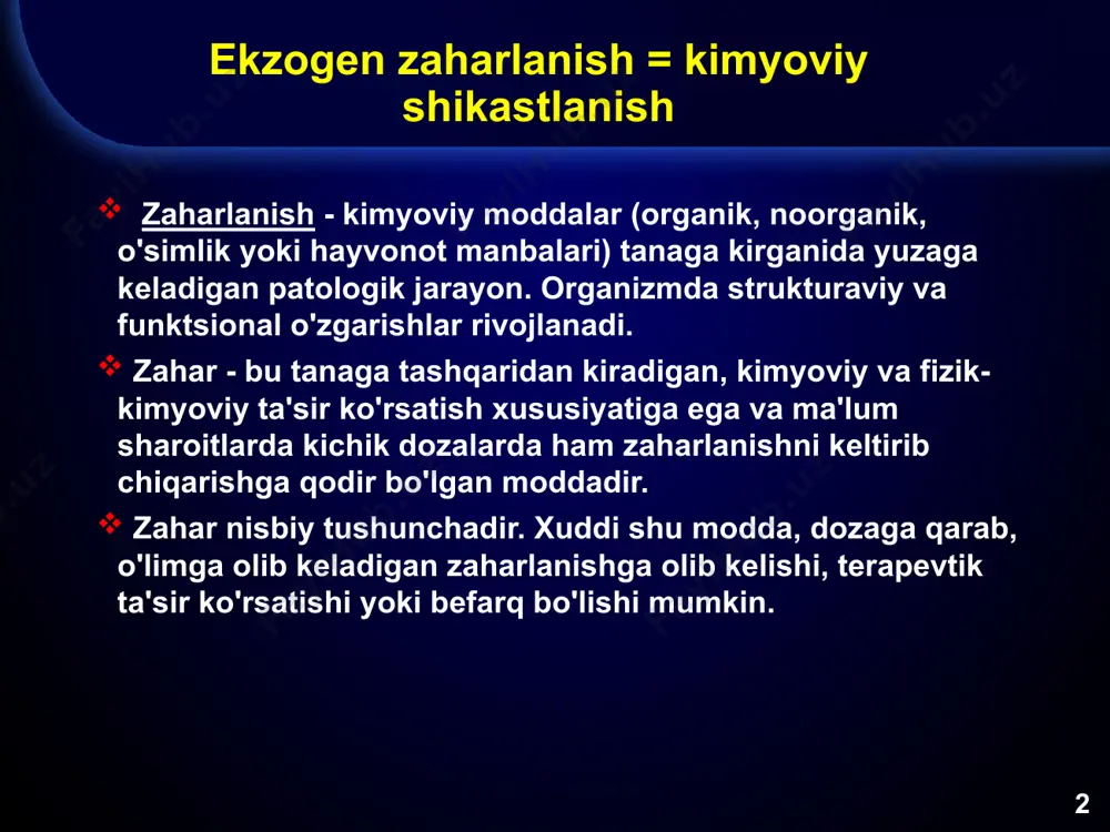 ichimliklardir . giyohvand moddalar bilan yopishtiruvchi gips . parenteral ‹#› transport va tarqatish aksariyat zaharlar selektiv toksiklikka ega. kardiotoksik harakat (ritm va o'tkazuvchanlikning buzilishi, o'tkir distrofiya ). yurak glikozidlari, trisiklik antidepressantlar, o'simlik zaharlari. neyrotoksik ta'sirlar ( psixoaktivlik , toksik koma, giperkineziya va falaj ). trankvilizatorlar , fosfororganik birikmalar , atropin, karbon monoksit, silga qarshi dorilar. gepatotoksik ta'sir . dixloroetan , qo'ziqorin, paratsetamol. ‹#› transport va tarqatish nefrotoksik harakat . etilen glikol, oksalat kislotasi. gematotoksik harakat (gemoliz, methemoglobinemiya ). sirka kislotasi, anilin. gastroenterotoksik harakat (gastroenterit). ishqorlar va kislotalar, og'ir metallar va mishyak birikmalari. o'pka toksikligi harakat (toksik o'pka shishi). dixloroetan , organofosfor birikmalari , benzin, uglerod oksidi. ‹#› asosiy metabolik yo'l - jigar №1 yo'l - toksik bo'lmagan yoki kam toksik metabolitlar toksik moddadan hosil bo'ladi . aminazin - 250 ta toksik bo'lmagan metabolitlar. yo'l № 2 - yanada zaharli birikma hosil bo'lishi - lethal sinthesis. metanol - adh ta'sirida - …