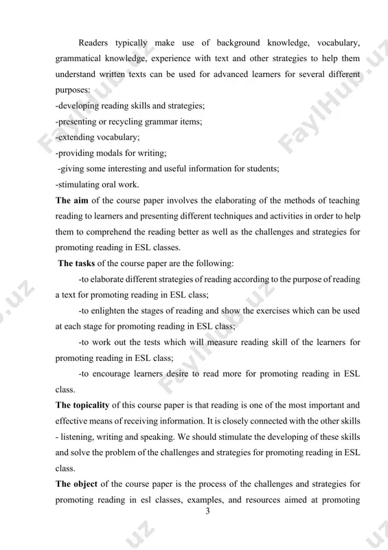 s and solve the problem of the challenges and strategies for promoting reading in esl class. the object of the course paper is the process of the challenges and strategies for promoting reading in esl classes, examples, and resources aimed at promoting students to take a deep approach to reading. the subject of the course paper is teaching reading considering the proper stages of reading and the activities which must be done in order to make the learners comprehend the information in the most productive way. much attention should be paid to the testing reading that will help us to measure their progress in reading. the structure of the research is the following: introduction, two chapters, conclusion, resume and the list of used references. chapteri. the importance of teaching reading . 1.1.developing reading skills and strategies . traditionally, the purpose of learning to read in a language has been to …