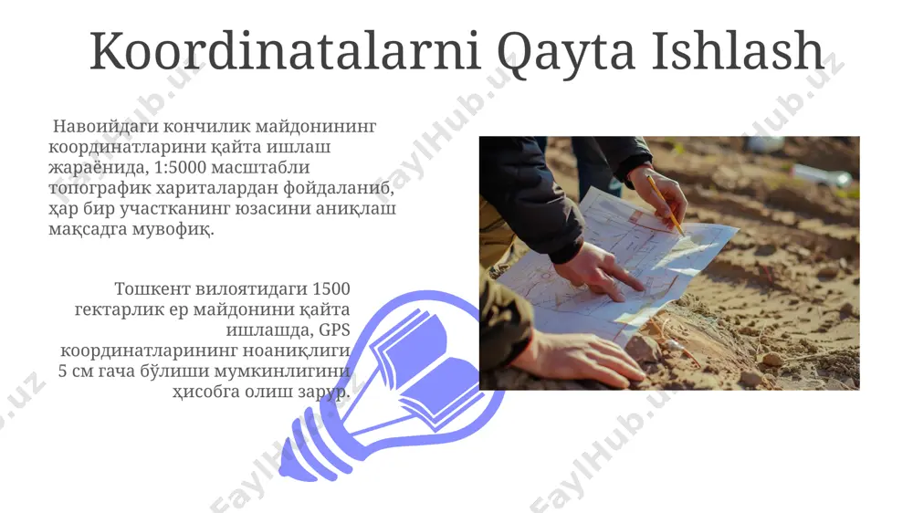 argacha aniqlikda hisoblash imkonini beradi. geodeziya o'lchovlarini amalga oshirish geodeziya o'lchovlarini amalga oshirishda toshkent viloyatida joylashgan 500 gektar maydonni aniqlash uchun gps va total stansiya texnologiyalari qo'llanildi, bu esa 1 sm dan kam aniqlikni ta'minladi. farg'ona vodiysidagi 150 gektar maydonni o'lchashda, geodeziya ishlari natijasida 20 dan ortiq chegaraviy nuqtalar aniqlanib, ularning koordinatalari geodezik ma'lumotlar bazasiga kiritildi va 0,05% xatolik bilan hisoblab chiqildi. chizmalar va grafiklarni shakillantirish farg‘ona vodiysidagi 1000 gektar maydonni qamrab oluvchi kadastr hujjatlarida, 2023-yilgi ma’lumotlar asosida yaratiladigan chizmalar va grafiklar, yer uchastkalarining aniq chegaralarini ko‘rsatadi. qoraqalpog‘iston respublikasidagi 50 ta yer uchastkasi bo‘yicha o‘tkazilgan o‘lchovlar natijalarini aks ettiruvchi grafiklarda, o‘rtacha xatolik ko‘rsatkichi 0.2% dan oshmaydi. sifat nazorati 01 02 2023 йилдаги ер кадастри маълумотларига кўра, самарқанд шаҳридаги 1500 га яқин ер участкаларининг “сифат назорати” ҳисоботларида ҳудудларнинг ҳақиқий кўрсаткичларидан 5% дан ортиқ фарқланиш ҳолатлари аниқланди. sales 1st qtr 2nd qtr 100 0 sales 1st qtr 2nd qtr 100 0 e'tiboringiz …