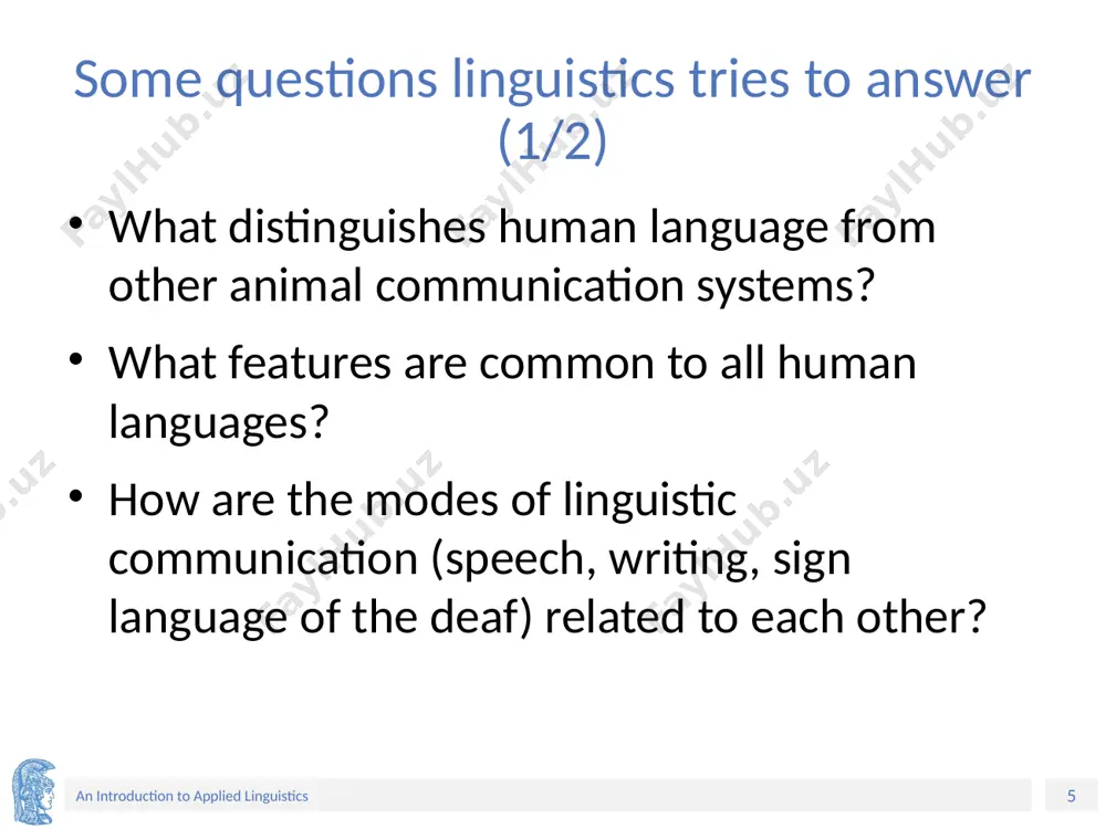 nd problems associated with language use in peoples’ lives. linguistics is essential but not the only feeder discipline. ‹#› an introduction to applied linguistics diagramme ‹#› an introduction to applied linguistics linguistics education applied linguistics applied linguistics and related sciences. ‹#› an introduction to applied linguistics sociology (the scientific study of human behavior and the study of society). psychology (the science of mind and behavior, and the application of such knowledge of various spheres of human activity). applied linguistics anthropology (the scientific study of the origin and behavior of man). linguistics (the study of the nature, structure and variation of language). education (teaching, learning, acquisition, assessment). applied linguistics or linguistics applied? widdowson (2000, p. 5) presents the question in terms of linguistics applied and applied linguistics: “the differences between these modes of intervention is that in the case of linguistics applied the assumption is that the problem can be reformulated …