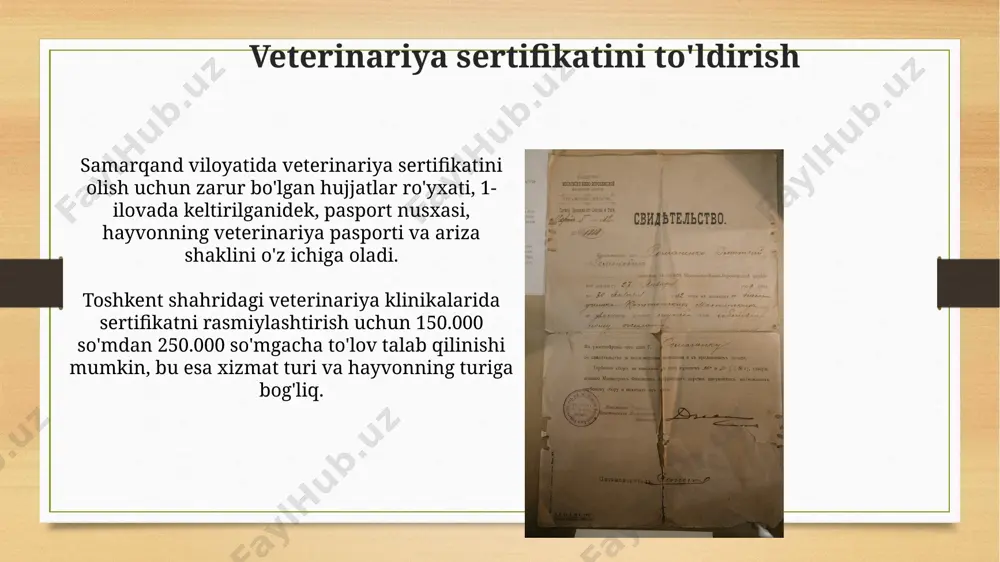 lodda holatlarda va 500.000 soʻmdan ortiq toʻlov bilan amalga oshiriladi. savol-javoblar veterinariya sertifikatini olish uchun 30 kun ichida 2-ilova va 5 ta rasmiy hujjatni taqdim etish kerak, bundan tashqari toshkent shahar veterinariya xizmati bilan bog'lanish zarur. chorva mollari uchun veterinariya sertifikati olish uchun onlayn ariza berish imkoniyati mavjud, biroq 48 soat ichida telefon orqali tasdiqlash talab etiladi, samarqand viloyati veterinariya boshqarmasi orqali amalga oshiriladi. sertifikatning amal qilish muddati sertifikatning amal qilish muddati, odatda, 1 dan 3 yilgacha bo'lib, hududiy veterinariya boshqarmasi tomonidan beriladi va toshkent kabi yirik shaharlarda ro'yxatdan o'tish jarayoni tezroq amalga oshiriladi. ba'zi hollarda, xalqaro veterinariya sertifikatlari 6 oy muddatga beriladi va aqsh yoki yevropa ittifoqi kabi mamlakatlarga hayvonlarni eksport qilish uchun qo'shimcha 2 ta hujjatni taqdim etish talab qilinishi mumkin. kasalliklarning oldini olish choralari farg'ona vodiysidagi qishloq xo'jalik shirkatlarida parranda grippining oldini olish uchun 15 kun ichida dezinfektsiya ishlari va sanitariya qoidalari bajarilishi shart. bu choralar 90% …