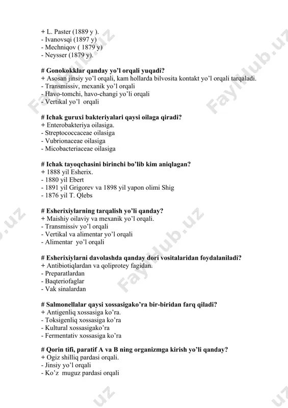 ert 1880 – yil - a.b.grigorev 1891 – yil - i. ivanovskiy 1883 - yil # vabo vibrionining infeksiya manbai? + bemor odam va bakteriya tashuvchilar. - hayvonlar va kemiruvchilar - qushlar - yirik shoxli hayvonlar # vabo bilanogrigan bemorda kasallikqanday boshlanadi? + tez – tez va mul ich ketishi. - haroratning ko’tarilishi - ishtaхasizlik - markaziy nerv sistemasining buzilishi # vabo vibrioni qanday yo’l orqali tarqaladi? + asosan suv orqali ( oziq – ovqat, maishiy kontakt yo’li orqali ). - transmissiv, vegetativ yo’l orqali - mexanikyo’l orqali - vertikal yo’l orqali # toun baqteriyasi ko’proq qanaqashaklda uchraydi? + tuxumsimon. - spiralsimon - zanjirsimon - tayoqchasimon # toun kasalligining ichak shakli qanday ko’zatiladi? + 1 – 2 kundavom etib, 100 % o’lim bilan tugaydi. - ko’p terlash, ishtaхasizliq, qusish - yo’talning kuchayishi, tez – tez ich ketish - muskullarning falajlanishi # psevdotuberqulyoz organizmga qanday tushadi? + ogiz shilliq pardasi orqali. …