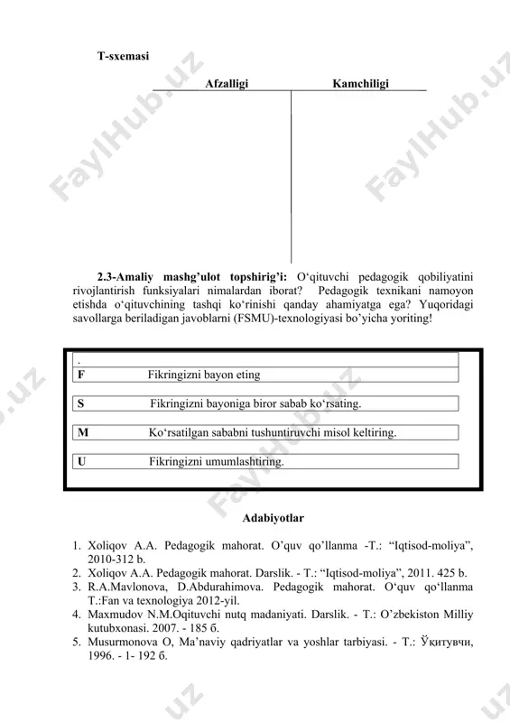 bayon eting s fikringizni bayoniga biror sabab ko‘rsating. m ko‘rsatilgan sababni tushuntiruvchi misol keltiring. u fikringizni umumlashtiring. adabiyotlar 1. xoliqov a.a. pedagogik mahorat. o’quv qo’llanma -т.: “iqtisod-moliya”, 2010-312 b. 2. xoliqov a.a. pedagogik mahorat. darslik. - т.: “iqtisod-moliya”, 2011. 425 b. 3. r.a.mavlonova, d.abdurahimova. pedagogik mahorat. o‘quv qo‘llanma t.:fan va texnologiya 2012-yil. 4. maxmudov n.m.oqituvchi nutq madaniyati. darslik. - т.: o’zbekiston milliy kutubxonasi. 2007. - 185 б. 5. musurmonova o, ma’naviy qadriyatlar va yoshlar tarbiyasi. - т.: ўқитувчи, 1996. - 1- 192 б. 6. ортиков а. нутқ маданияти ва нотиқлик саньати. - т.: “доно хамро” илмий маркази, 2002. - 78 б.