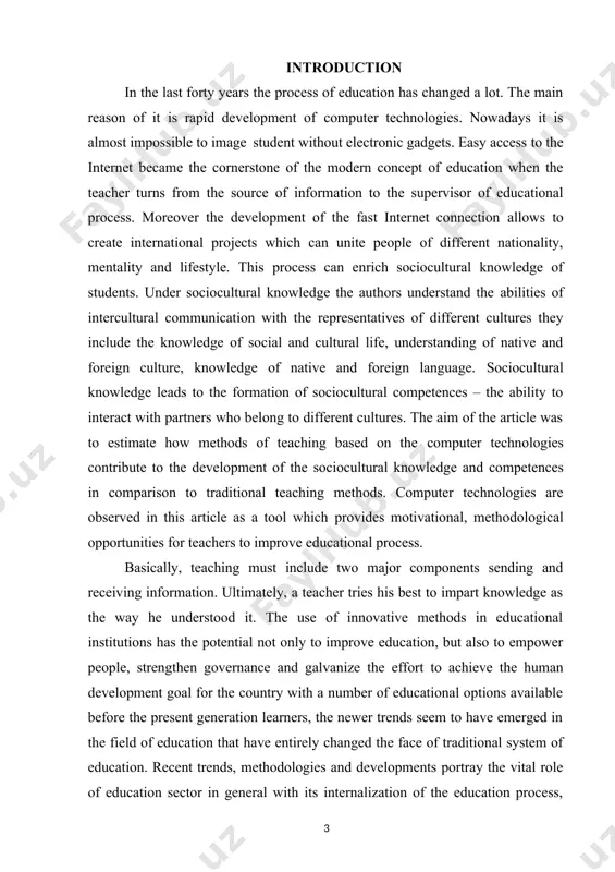 mature professionals. by analyzing the shortcomings that arise today due to lack of knowledge and skills, we can further increase the interest of students by localizing their modern experience, using the opportunities in our country. given that modern universities are well-equipped and equipped with the necessary technologies, it is necessary to adapt their facilities to the interactivity of teaching. the innovation that the researcher talks in the paper certain both to methodology and materials used in language teaching. moreover, this course work brings out the subtle distinction between the scholarly perception of language as treated in research and pedagogy. the argument advances as the paper proceeds with trends of education with specific reference to the uzbek scenario, methodologies adopted, the bygone methods, the peer practice, the present trend, new teaching design, new devices, the need for change, the ict and english language. english language teaching has undergone tremendous changes over …