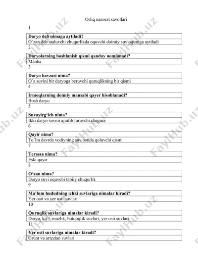daryolar haqida savol-javoblar — DOCX