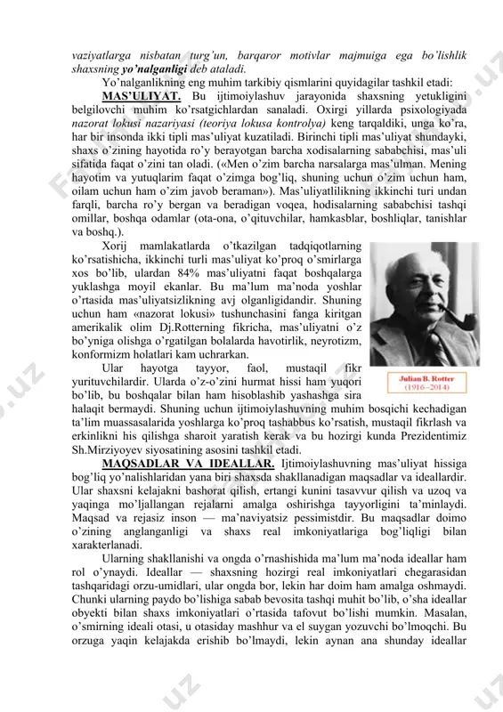 aynan shu mahalladan qiz qidirib qolishadi. ya’ni, shu mahalladagi ijtimoiy muhit qizlarning iboli, aqlli, sarishtali bo’lib yetishishlariga ko’maklashgan. masalan, ayrim mahallalarda sahar turib ko’cha — eshiklarni supurish odatga aylangan va barcha oilalar shu udumni buzmaydilar. shunga o’xshash normalar tizimi har bir ko’cha-mahallaning bir-biridan farqi, afzallik va kamchilik tomonlarini belgilaydi, oxirgilar esa shu mahallada katta bo’layotgan yoshlar ijtimoiylashuvida bevosita ta’sirini ko’rsatadi. yana bir muhim ijtimoiylashuv o’choqlariga maktab va boshqa ta’lim maskanlari kiradi. aynan shu yerda ijtimoiylashuv va tarbiya jarayonlari maxsus tarzda uyg’unlashtiriladi. bizning ijtimoiy tasavvurlarimiz shundayki, maktabni biz ta’lim oladigan, bola bilimlar tizimini o’zlashtiradigan maskan sifatida qabul qilamiz. lekin aslida bu yer ijtimoiylashuv tarbiyaviy vositalarda yuz beradigan maskandir. bu yerda ataylab tashkil etilgan, oxirgi yillarda joriy etilgan «ma’naviyat darslari», «etika va psixologiya» kabi tarbiyalovchi fanlar nazarda tutilmayapti. gap har bir darsning, umuman maktabdagi shart-sharoitlar, umumiy muhitning tarbiyalovchi roli haqida. masalan, dars paytida o’qituvchi butun diqqati bilan yangi darsni tushuntirish bilan ovora …
