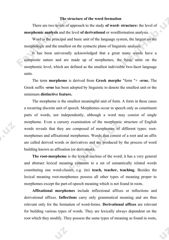 which is not found in roots. affixational morphemes include inflectional affixes or inflections and derivational affixes. inflections carry only grammatical meaning and are thus relevant only for the formation of word-forms. derivational affixes are relevant for building various types of words. they are lexically always dependent on the root which they modify. they possess the same types of meaning as found in roots, but unlike root-morphemes most of them have the part-of-speech meaning which makes them structurally the important part of the word as they condition the lexico-grammatical class the word belongs to. due to this component of their meaning the derivational affixes are classified into affixes building different parts of speech: nouns, verbs, adjectives or adverbs. roots and derivational affixes are generally easily distinguished and the difference between them is clearly felt as, e.g., in the words helpless, handy, blackness, londoner, refill, etc.: the root-morphemes help-, hand-, black-, london-, …