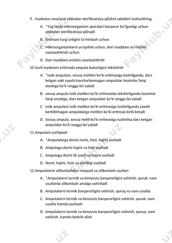nam usulda hamda purkash d. ampulalarni termik va kimyoviy barqarorligini oshirish, quruq, nam oshirish, hamda botirib olish 13. ampula shishasini kimyoviy nomi? a. *alyumoborosilikatlar b. ishqoriy, ishqoriy yer metall oksidlari c. alyumosilikatlar d. borosilikatlar 14. filtrlab sterillash usullari: a. *membranali, chinni (5-11), shisha (5) va asbotsellyulozali b. membranali, chinni (3-11), shisha (5), asbotsellyulozali, xnixfi, vladipor c. membranali, chinni (4-11), shisha (5), asbotsellyulozali, nutch filtr, sortorius d. membranali, chinni (2-11), shisha (5), asbotsellyulozali, xnixfi 15. farmakopeya bо‘yicha tarkibi ma’lum bо‘lsa, korxona ishchi tarkibi qanday tuziladi? a. *df dagi tarkibni sarflanish koeffitsiyentiga kо‘paytirish lozim bо‘ladi b. df dagi tarkibni yо‘qotishga kо‘paytirish kerak c. df dagi tarkibni sarflanish koeffitsiyentiga bо‘lish kerak d. df dagi tarkibni tayyor mahsulotga kо‘paytirish kerak 16. kirim - chikim nisbati qanday maqsadlarda tuziladi? a. *olingan xom ashyodan qancha tayyor mahsulot olishni oldindan bilish uchun tuziladi b. bu ishlab chiqarish kо‘zgusi bо‘lib, korxonani avtomatizatsiya va mexanizatsiya darajasini kо‘rsaatadi, kо‘proq tayyor …