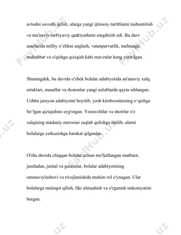 ab o'quv dasturlariga kiritishga harakat qildilar. shu tariqa, bolalar shiorlari, qo'shiqlar va o'quv materiallari ishlab chiqildi. bu harakatlar bolalar dunyoqarashini kengaytirishga, ularning ma'nan yetuk inson bo'lib ulg'ayishiga xizmat qildi. 1930-yillar boshlarida bolalar adabiyotida sotsializmni targ'ib qilish yo'lida asarlar yozildi. bu davrda bolalarni mustahkam bilim olishga, mehnatsevar bo'lishga va jamiyatda faol ishtirok etishga chorlash maqsadida ko'plab asarlar yaratildi. ayni paytda, temur malik, g'ulom zafariy va boshqa shoirlar bolalar uchun she'rlar ijod qilishgan. jadidchilik harakati ortidan qad krok qilgan she'riyatning asosiy maqsadi savodxonlikni oshirish va savodli yangi avlodni tarbiyalash edi. bu davrda maktab o'quv dasturlariga mos holda xalqning madaniy saviyasini ko'tarishga qaratilgan ko'plab she'riy asarlar yozildi. bolalar adabiyotining rivojlanishi natijasida yosh avlod uchun maxsus mo'ljallangan ko'plab kitoblar va matbuot nashrlar paydo bo'ldi. bolalar adabiyotining rivoji faqat didaktik asarlar bilan cheklanib qolmay, bu davrda bolalar uchun tarjima adabiyoti ham tarkib topdi. rossiya va boshqa davlatlardan olib kelinib tarjima qilingan asarlar bolalar adabiyotining boyishi …