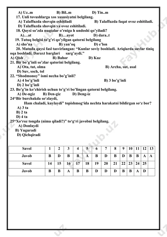 ilang a) sho’na b) yan’oq d) e’lon 20. matnda qaysi fasl tasvirlangan: “kunlar soviy boshladi. ariqlarda suvlar tiniq oqa boshladi. daraxt barglari sarg’aydi.” a) qish b) bahor d) kuz 21. bir bo’g’inli so’zlar qatorini belgilang. a) ota, tut, olma b) archa, sut, asal d) suv, soch, tol 22. “shodmonoy” ismi necha bo’g’inli? a) 4 bo’g’inli b) 3 bo’g’inli d) 2 bo’g’inli 23. bo’g’in ko’chirish uchun to’g’ri bo’lingan qatorni belgilang. a) de-ngiz b) den-giz d) deng-iz 24“bir burchakda so‘zlaydi, ham chaladi, kuylaydi” topishmog‘ida nechta harakatni bildirgan so‘z bor? a) 3 ta b) 2 ta d) 4 ta 25“xo‘roz tongda (nima qiladi?)” to‘g‘ri javobni belgilang. a) donlaydi b) yuguradi d) qichqiradi savol 1 2 3 4 5 6 7 8 9 10 11 12 13 javob b d b b a b d b d b b a a savol 14 15 16 17 18 19 20 21 22 23 24 25 …