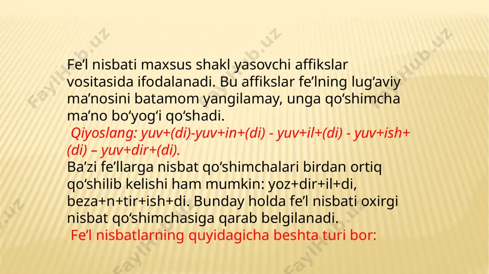 fiksini qo`shish bilan: sana-sh(di), yugur-ish(di) kabi; b) so`z o`zagiga –lash (-la+-sh qo`shma affiksi) affiksini qo`shish bilan: yordam-lash(di), bahs-lash(di) kabi. orttirma nisbat bu nisbat shaklida harakat grammatik sub’ekt (ega)ning boshqa bir sub’ekt yoki ob’ektga ta’siri, tazyiqi bilan bajariladi. masalan: biz hamid olimjon bilan bunday oydin, musaffo kechalarni ko`p o`tkazganmiz (g`.g`.) gapida ikkita sub’ekt mavjud bo`lib, asosiy sub’ekt vositali to`ldiruvchi (hamid olimjon bilan), ikkinchi darajali sub’ekt esa ega (biz) vazifasida qo`llangan bo`lib, o`tkazganmiz harakati sub’ektning sub’ektga ta’siri natijasida bajarilgan. shuningdek, orttirma nisbatdagi fe’lda faqat bir sub’ekt mavjud bo`ladi. bunday holda harakat ob’ektga (to`ldiruvchiga) o`tadi. masalan: u kitob keltirdi kabi. orttirma nisbat fe’l negiziga quyidagi affikslarni qo`shish bilan yasaladi: a) fe’l negiziga –t affiksini qo`shish bilan: qisqart, boyit kabi; b) fe’l negiziga –tir (-dir) affikslarini qo`shish bilan: keltir, chaqirtir, kuldir, buzdir kabi; v) sh, ch, t, undoshlari bilan tugagan fe’l negizlariga –ir affiksini qo`shish bilan: shoshir, ichir, botir kabi; g) oxiri undosh bilan …