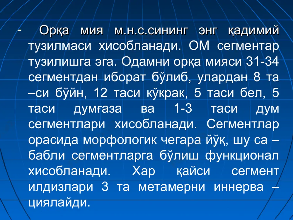 атив нерв тизими нейрон –лари бор. ом рефлекс фаолияти сегментар рефлекс ёйларида амалга ошади. улар моносипаптик рефлекс ёйида амалга ошади. ом полисинаптик ре -флекс ёйли рефлекслари мавжуд. миотатик,тери рецепторларидан, висцеромотор ва автоном нерв тизи –ми рефлекслари шулар қаторига киради. омни бмни тагидан кесиб ташланса ом шоки юзага келади. мия сопи. узунчоқ мия, кўприк, ўрта мия, оралиқ мия ва мияча мия сопи таркибига киради. мия сопи қуйдаги функцияларни бажаради : -хулқ-атворни турли шаклларини тайёрлаш ва амалга ошириш реф -лексларини ташкилатади; ўтказув –чи йўл вазифаси; хулқ-атвор реак –цияларини амалга оширишда ўз структуралари билан ом, базал ганглиялар ва катта мия постло –ғини алоқасини таъминлайди. узунчоқ мия. одамда узунчоқ мия ўртача 25 мм узунликда бўлиб ом давоми хисобланади. ум ўзи –нинг ядролари ва ретикуляр форма -ция билан биргаликда вегетатив, соматик, таъм билиш, эшитиш, вестибуляр рефлексларини амалга ошишида қатнашади. ум қуйдаги бм нервларининг ядролари жой –лашган: 8-чи дахлиз-чиғаноқ; 9-чи тилтамоқ; 10-чи адашган; 11-чи қўшимча; 12-чи …