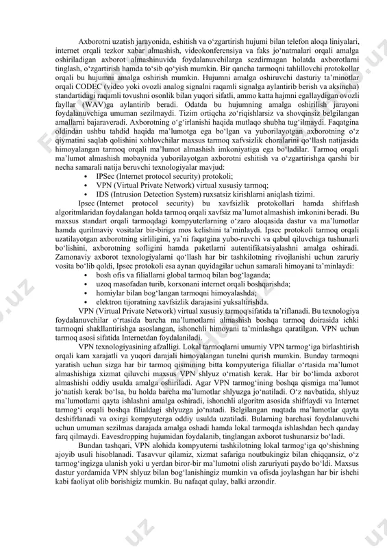 sh orqali amalga oshiriladi. tarmoq xavsizligini ta’minlash maqsadida qo‘llanilgan vosita xavf-xatarni tezda aniqlashi va unga nisbatan qarshi chora ko‘rishi kerak. tarmoq xavfsizligiga tahdidlarning ko‘p turlari bor, biroq ular bir necha toifalarga bo‘linadi: · axborotni uzatish jarayonida hujum qilish orqali, eshitish va o‘zgartirish (eavesdropping); · xizmat ko‘rsatishdan voz kechish; (denial-of-service) · portlarni tekshirish (port scanning). axborotni uzatish jarayonida, eshitish va o‘zgartirish hujumi bilan telefon aloqa liniyalari, internet orqali tezkor xabar almashish, videokonferensiya va faks jo‘natmalari orqali amalga oshiriladigan axborot almashinuvida foydalanuvchilarga sezdirmagan holatda axborotlarni tinglash, o‘zgartirish hamda to‘sib qo‘yish mumkin. bir qancha tarmoqni tahlillovchi protokollar orqali bu hujumni amalga oshirish mumkin. hujumni amalga oshiruvchi dasturiy ta’minotlar orqali codec (video yoki ovozli analog signalni raqamli signalga aylantirib berish va aksincha) standartidagi raqamli tovushni osonlik bilan yuqori sifatli, ammo katta hajmni egallaydigan ovozli fayllar (wav)ga aylantirib beradi. odatda bu hujumning amalga oshirilish jarayoni foydalanuvchiga umuman sezilmaydi. tizim ortiqcha zo‘riqishlarsiz va shovqinsiz belgilangan amallarni …