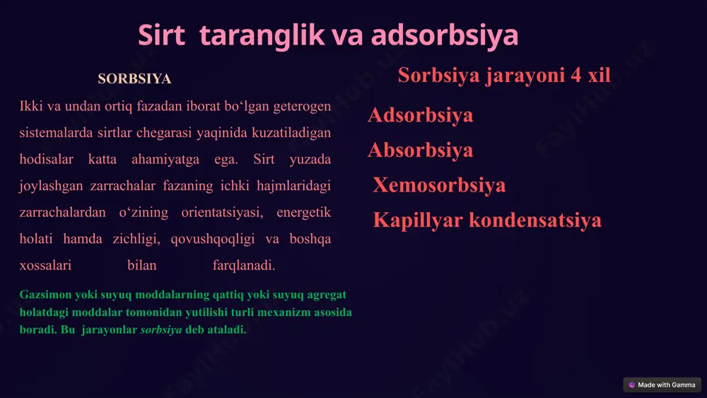 faol moddalar hosil qilgan sferik tuzilmalar 10 so‘rilish hodisalari va ularning metabolizmga ta’siri 1 passiv assimilyatsiya konsentratsiya gradienti bo'ylab, energiya sarfisiz sodir bo'ladi. 2 faol assimilyatsiya energiya sarfini talab qiladi va kontsentratsiya gradientiga qarshi sodir bo'ladi. 3 pinotsitoz membrananing pufakchalari bilan o'ralgan kichik zarrachalarning hujayralari tomonidan so'rilish jarayoni. 4 fagotsitoz katta zarrachalarni, masalan, bakteriyalarni hujayralar tomonidan singdirish jarayoni. 11 dori vositalarining farmakokinetikasi va qo'llash yo'llari og‘iz orqali yo'l preparat yutib yuboriladi va oshqozon-ichak traktida so'riladi. parenteral yo'l dori oshqozon-ichak traktini chetlab o'tib, to'g'ridan-to'g'ri qonga yuboriladi. transdermal yo'l preparat teriga kirib, qonga singib ketadi. nafas olish yo'li dori o'pkaga aerozol yoki gaz shaklida yuboriladi. 12 xulosa va rivojlanish istiqbollari sirt hodisalar va dispers tizimlar fanning keng amaliy qo'llanilishiga ega bo'lgan sohalaridir. sirt hodisalarning fizik kimyosi tamoyillari asosida yangi materiallar va texnologiyalarni ishlab chiqish istiqbolli yo‘nalish hisoblanadi. 13 image1.png image2.png image3.png image4.png image5.png image6.png image7.png image8.png image9.png image10.png image11.png image12.png image13.png image14.png …