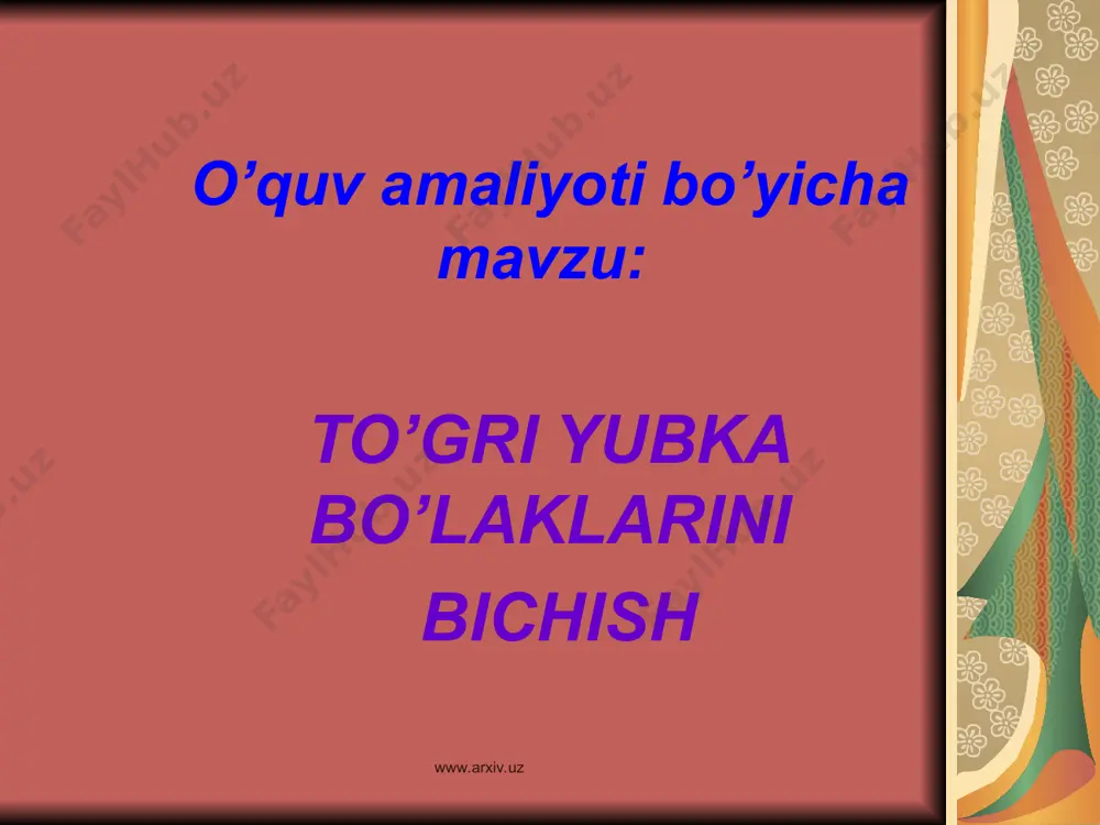 tayyor kiyim namunasi ko’rinishida beriladi. www.arxiv.uz www.arxiv.uz 1-rasm. klassik yubkaning umumiy ko’rinishi 1-belbog’ga ishlov berish; 2-belbog’ni yubkaga biriktirish; 3-etak qismiga ishlov berish; 4-tugma va temir ilgaklarni chatish. klassik uslubdagi to’g’ri chokli yubkaning ko’rinishi www.arxiv.uz www.arxiv.uz 1-rasm. klassik yubkaning umumiy ko’rinishi. 1-vitochkalarga ishlov berish; 2-ort bo’lagining o’rta chokida joylashgan shlitsaga ishlov berish; 3-yon qirqimigi ishlov berish; 4-molniya taqilmaga ishlov berish. yubkaning ayrim qismlariga ishlov berish sxemalari www.arxiv.uz www.arxiv.uz
