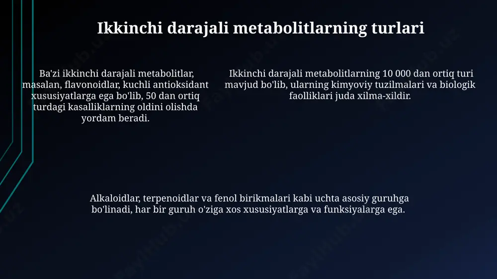 shi mumkin. ikkinchi darajali metabolitlarning ekologik ahamiyati ikkinchi darajali metabolitlar, masalan, alkaloidlar, o'simliklarning 10-30%ini tashkil qilib, o't o'lanlarga qarshi himoya mexanizmlarini ta'minlaydi, bu esa o'simliklarning biologik xilma-xilligini saqlashga yordam beradi. ba'zi ikkinchi darajali metabolitlar, jumladan, fenollar va terpenoidlar, tuproq mikroorganizmlarining faolligini 50% gacha o'zgartirib, ekosistemaning umumiy unumdorligiga ta'sir qiladi. ba'zi ikkinchi darajali metabolitlar, jumladan, fenollar va terpenoidlar, tuproq mikroorganizmlarining faolligini 50% gacha o'zgartirib, ekosistemaning umumiy unumdorligiga ta'sir qiladi. glikosidlar: tuzilishi va funksiyalari glikozidlar oʻsimliklarda 1000 dan ortiq turdagi sekundar metabolitlarni tashkil qilib, ularning tuzilishi aglikon va shakar qismlaridan iborat boʻladi. glikozidlarning biologik faolligi aglikon qismiga bogʻliq boʻlib, ular antioksidant, antiviral yoki antibakterial xususiyatlarga ega boʻlishi mumkin,masalan, c-glikozidlar. ba’zi glikozidlar, masalan, kardiyaglikonlar, yurak faoliyatini tartibga solishda ishtirok etadi va 1mg dan kam miqdorda kuchli ta’sir koʻrsatadi. atrof-muhit omillari ta'siri атмосферадаги азот оксидлари (nox) каби кимёвий моддаларнинг концентрацияси 5 ppm дан ошганда, иккиламчи азот сақловчи метаболитлар синтези 20% гача ошади. 25°c дан …